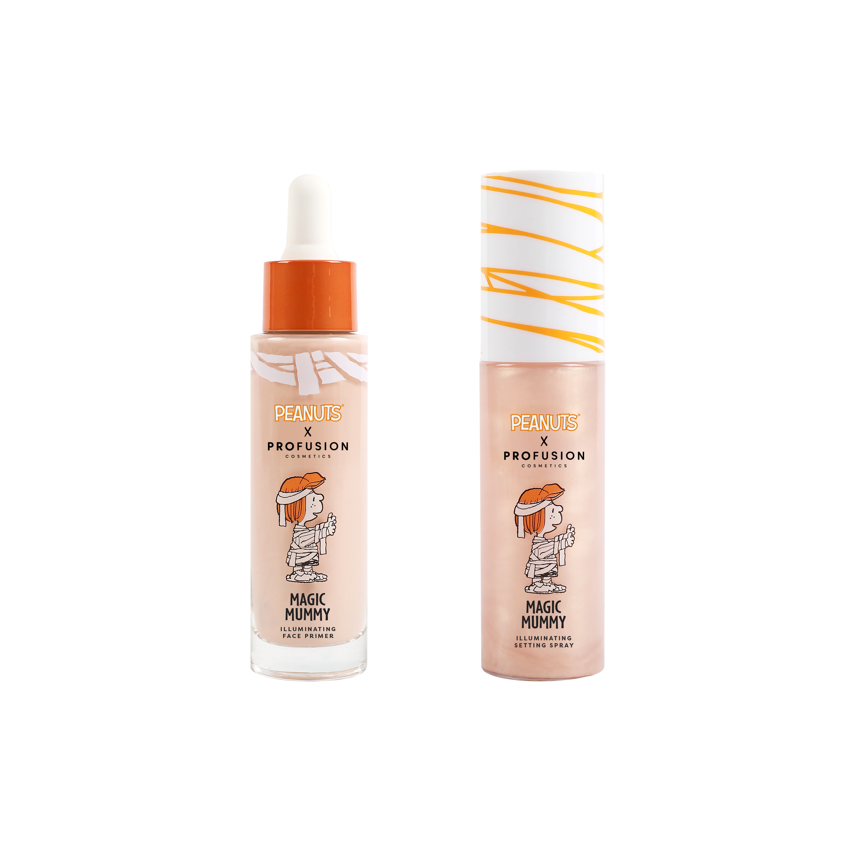 Profusion Cosmetics Peanuts Halloween Magic Mummy face primer and setting spray set with illuminating finish.