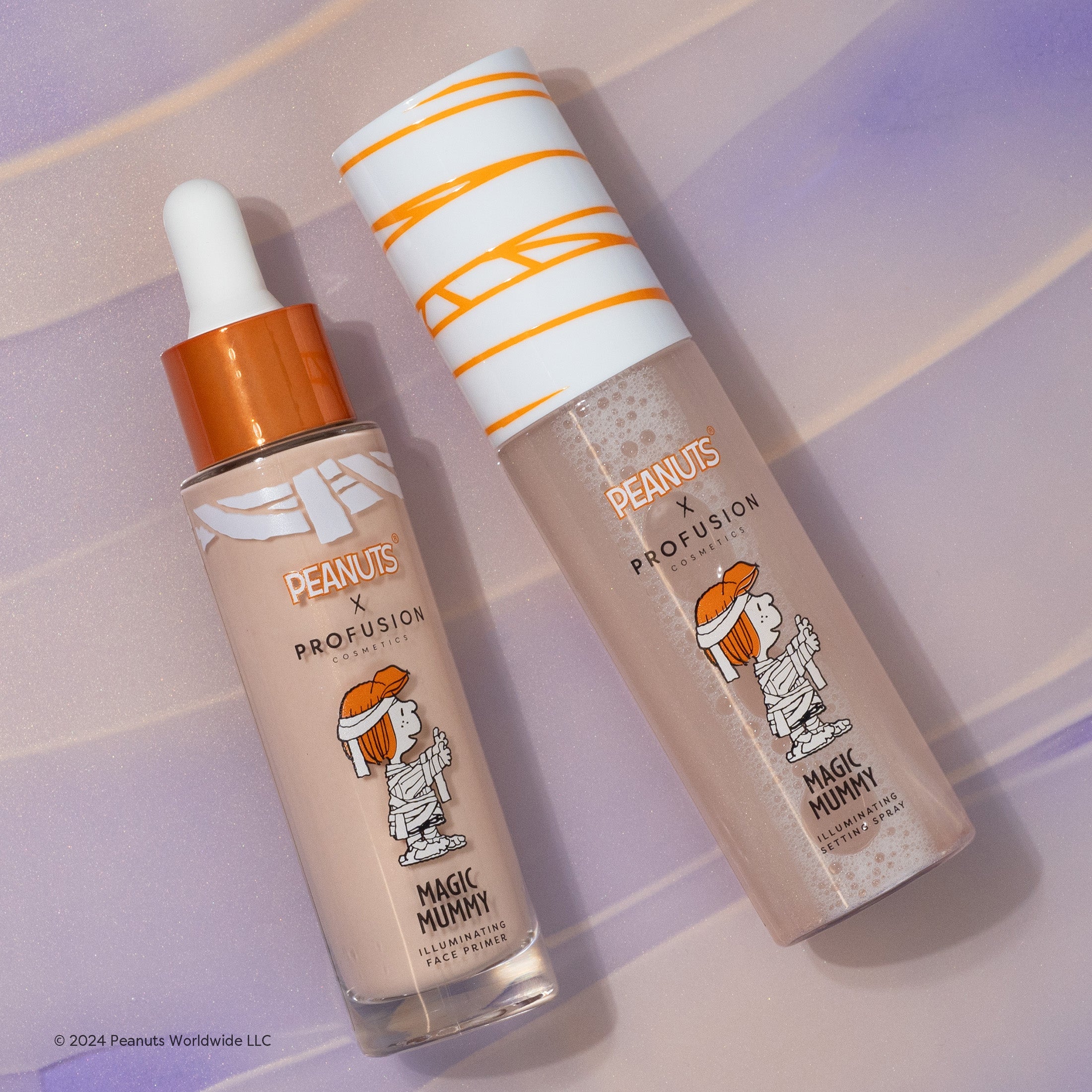 Profusion Cosmetics Peanuts Halloween Magic Mummy face primer and setting spray set with illuminating finish and spooky themed packaging.