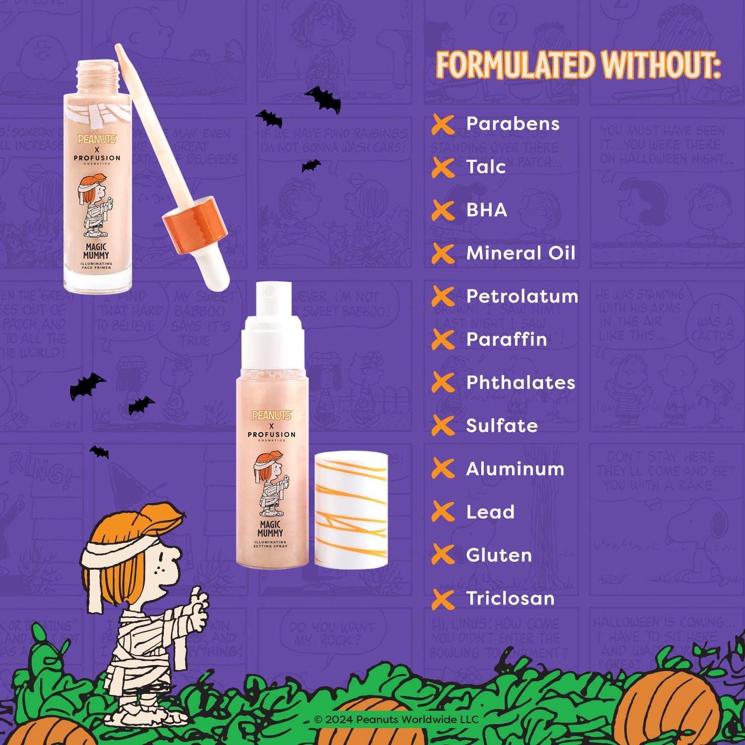 Profusion Cosmetics Peanuts Halloween Magic Mummy illuminating face primer and setting spray set showing the product bottles and packaging.