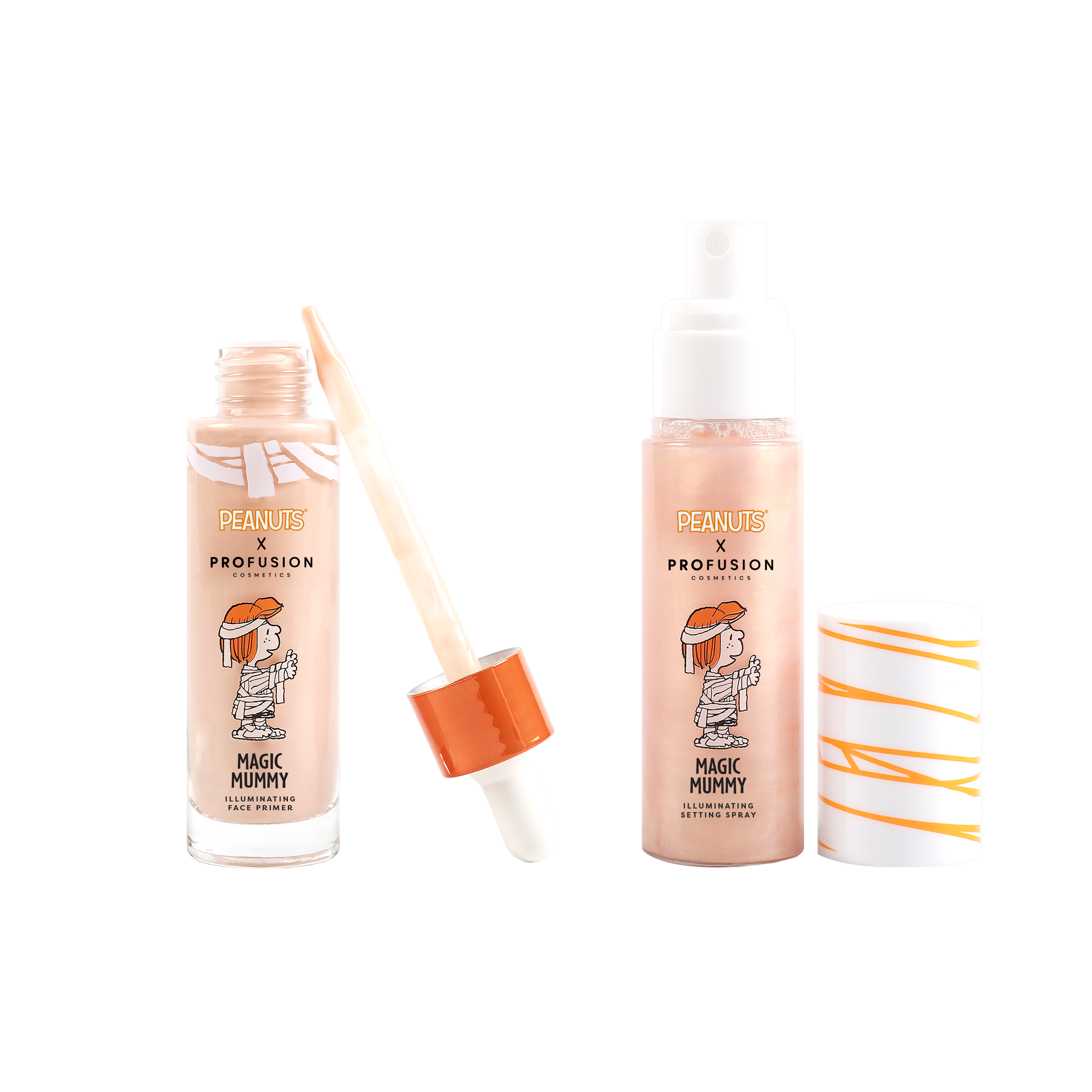 Profusion Cosmetics Peanuts Halloween Magic Mummy illuminating face primer and setting spray set, featuring themed Halloween packaging.
