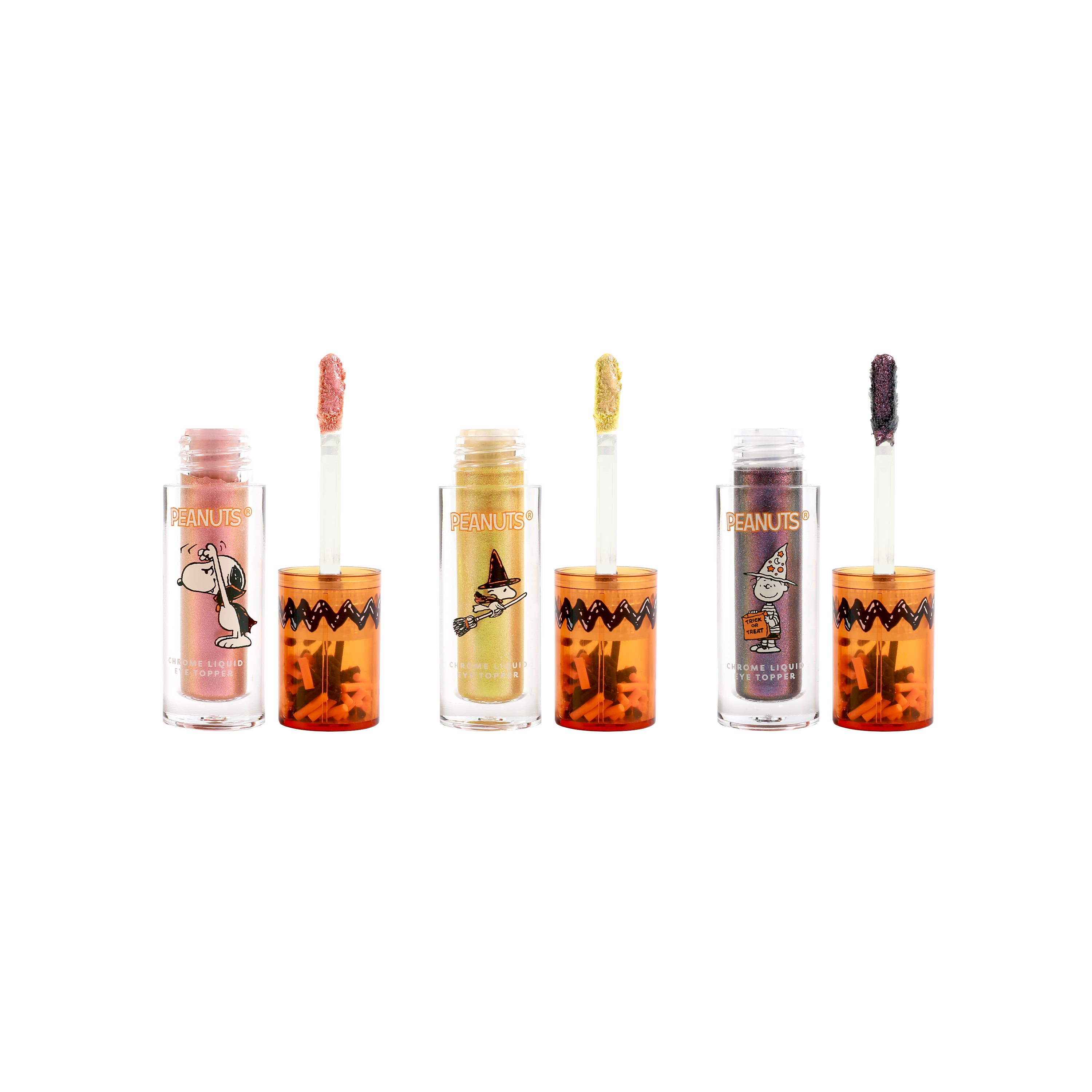Profusion Cosmetics Peanuts Halloween Magical Wizard chrome liquid face topper set with colorful, mystical face makeup design.