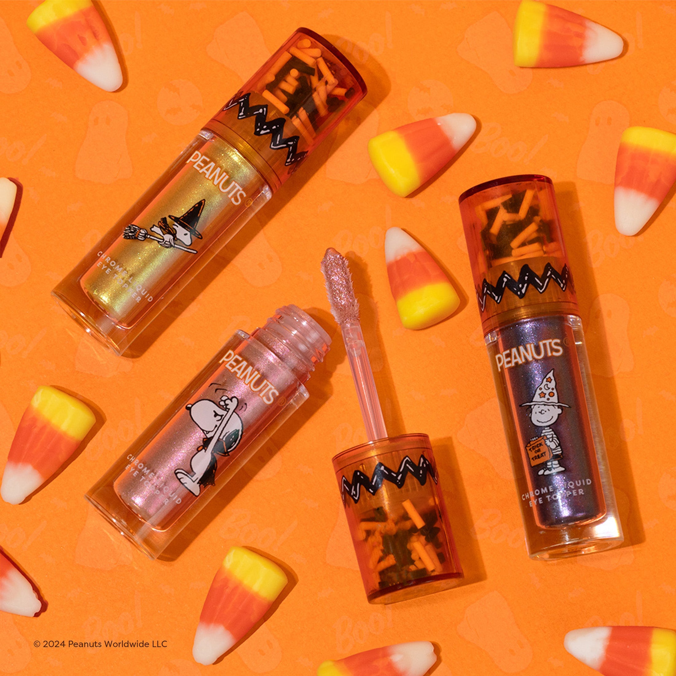 Profusion Cosmetics Peanuts Halloween magical wizard chrome liquid face topper set with shimmering, colorful face makeup for Halloween.