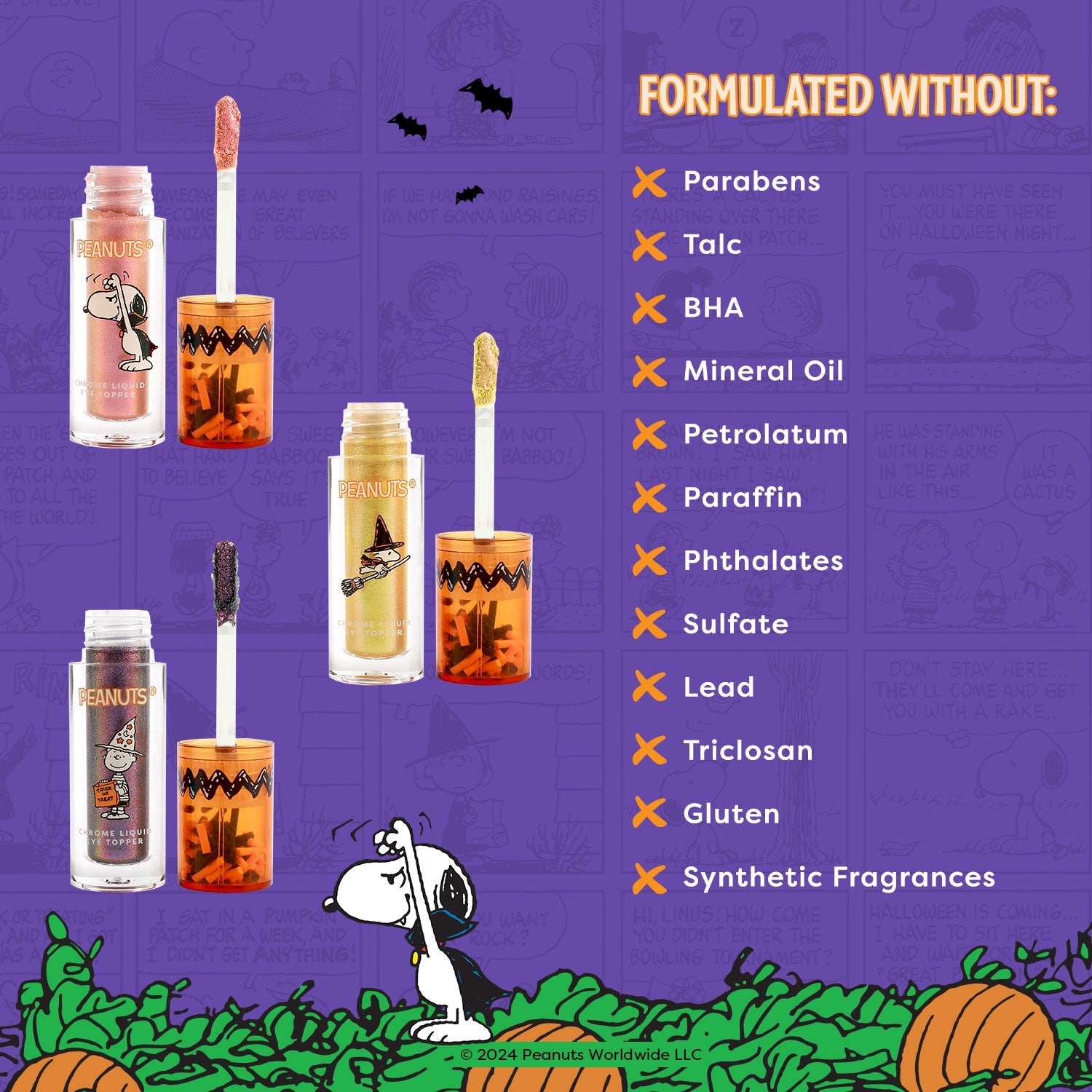 Profusion Cosmetics Peanuts Halloween Magical Wizard chrome liquid face topper set with colorful, shimmering makeup for festive looks