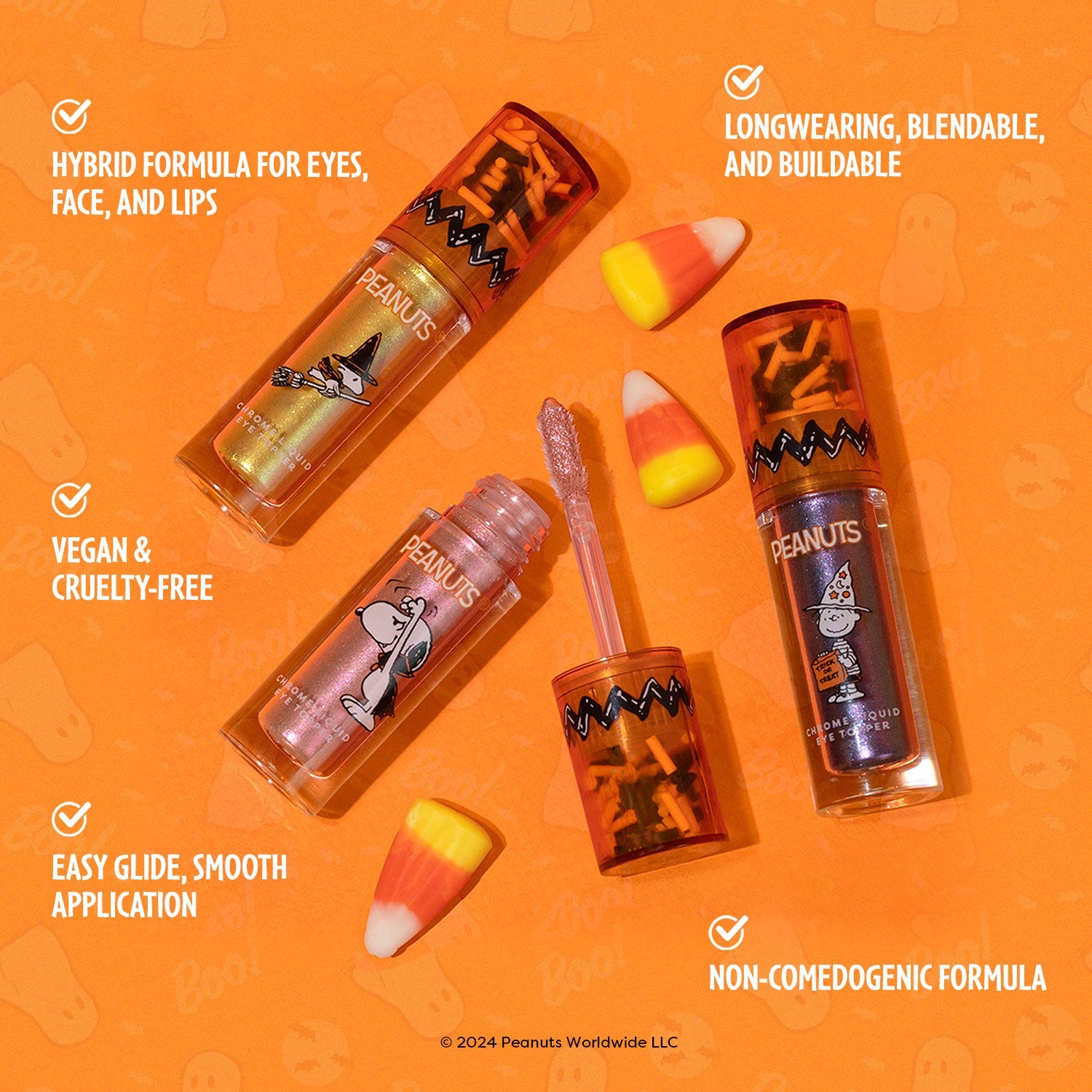 Profusion Cosmetics Peanuts Halloween Magical Wizard Chrome Liquid Topper set on face, featuring colorful, festive face makeup and topper details.