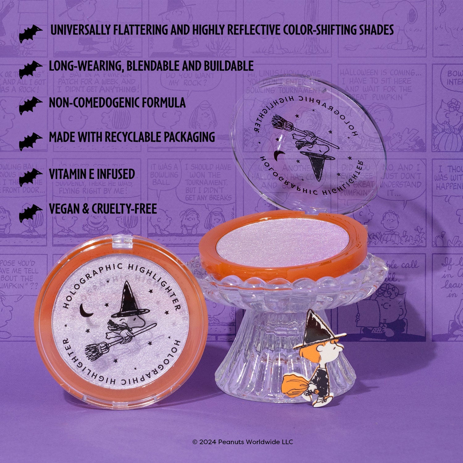 Profusion Cosmetics Peanuts Halloween Spooktacular Glow holographic face highlighter with a shimmery, colorful finish and Halloween-themed packaging