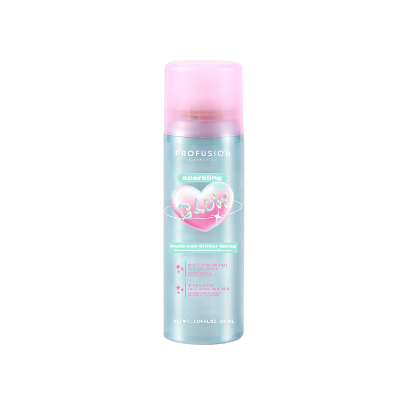 Closed bottle of Profusion Cosmetics Sparkling Glow multi-use glitter spray for face with iridescent shimmer, ready to add sparkle.