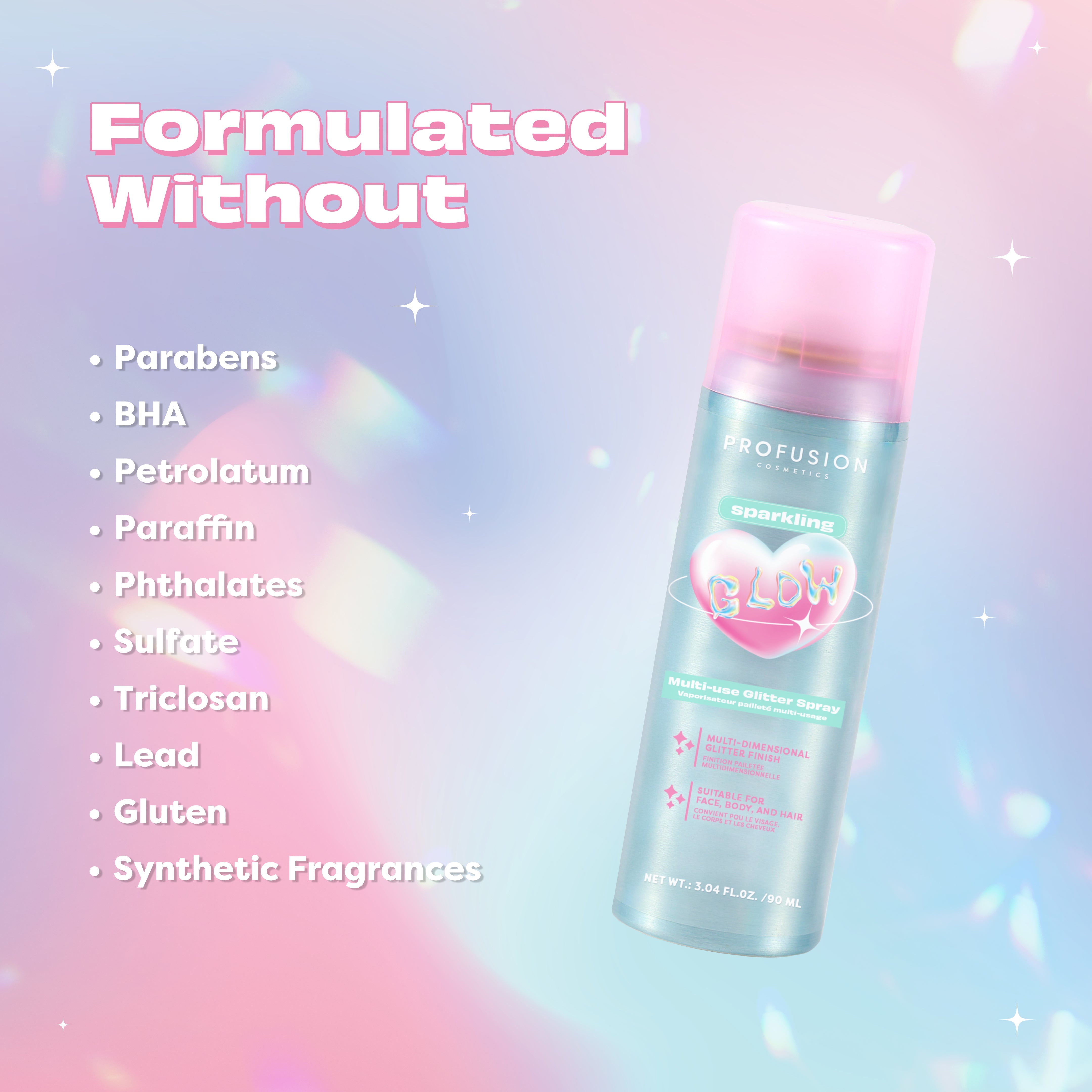 Profusion Cosmetics Sparkling Glow multi-use glitter spray for face, showcasing shimmering, sparkling effect in an infographic image.
