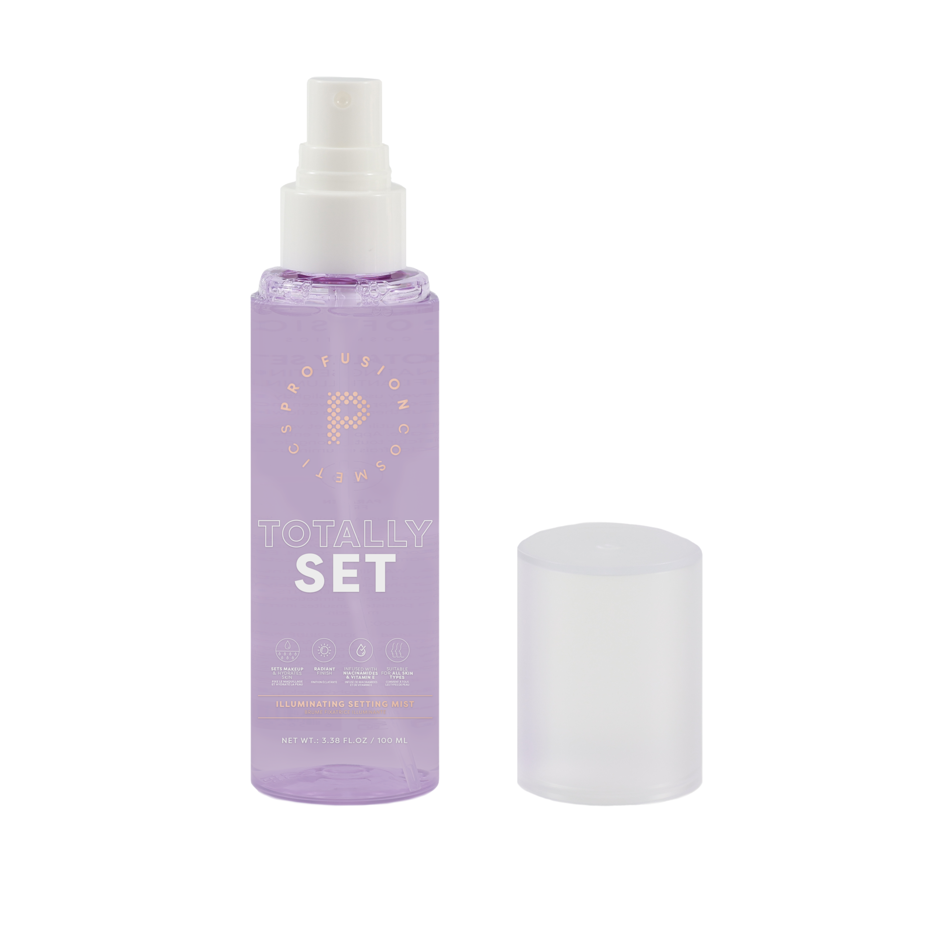 Profusion Cosmetics Totally Set Illuminating Setting Mist spray for face, providing a radiant and refreshing finish