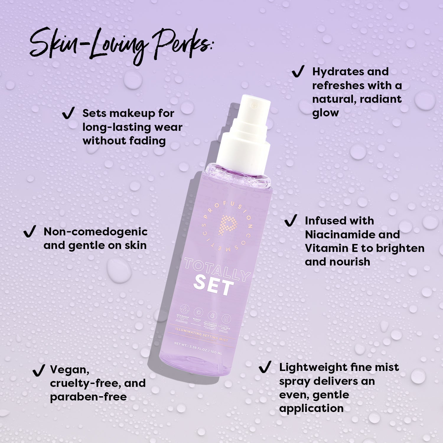 Profusion Cosmetics Totally Set Illuminating Setting Mist spray for face with a clear bottle and fine mist nozzle.