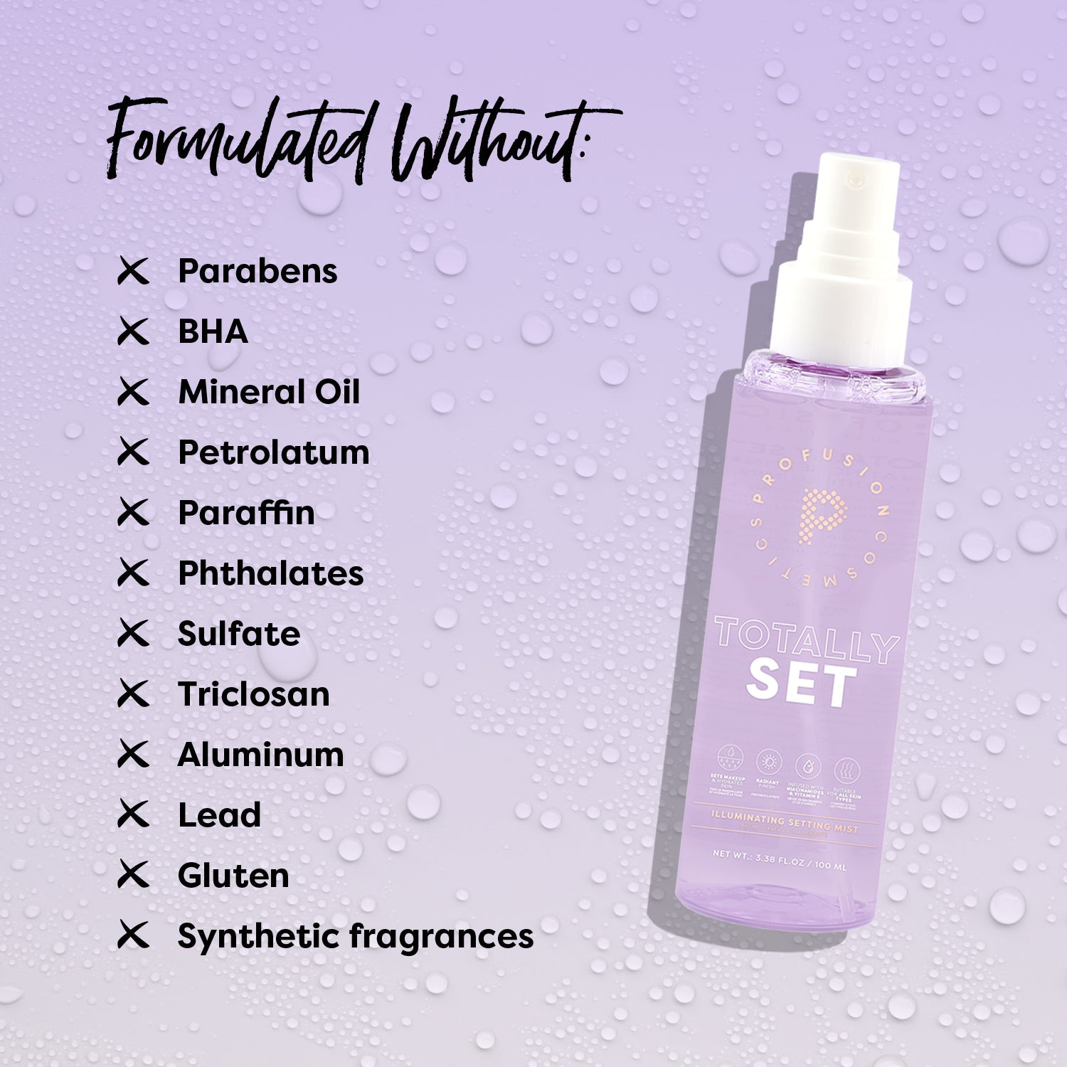 Profusion Cosmetics Totally Set Illuminating Setting Mist spray on face for a dewy, radiant finish.