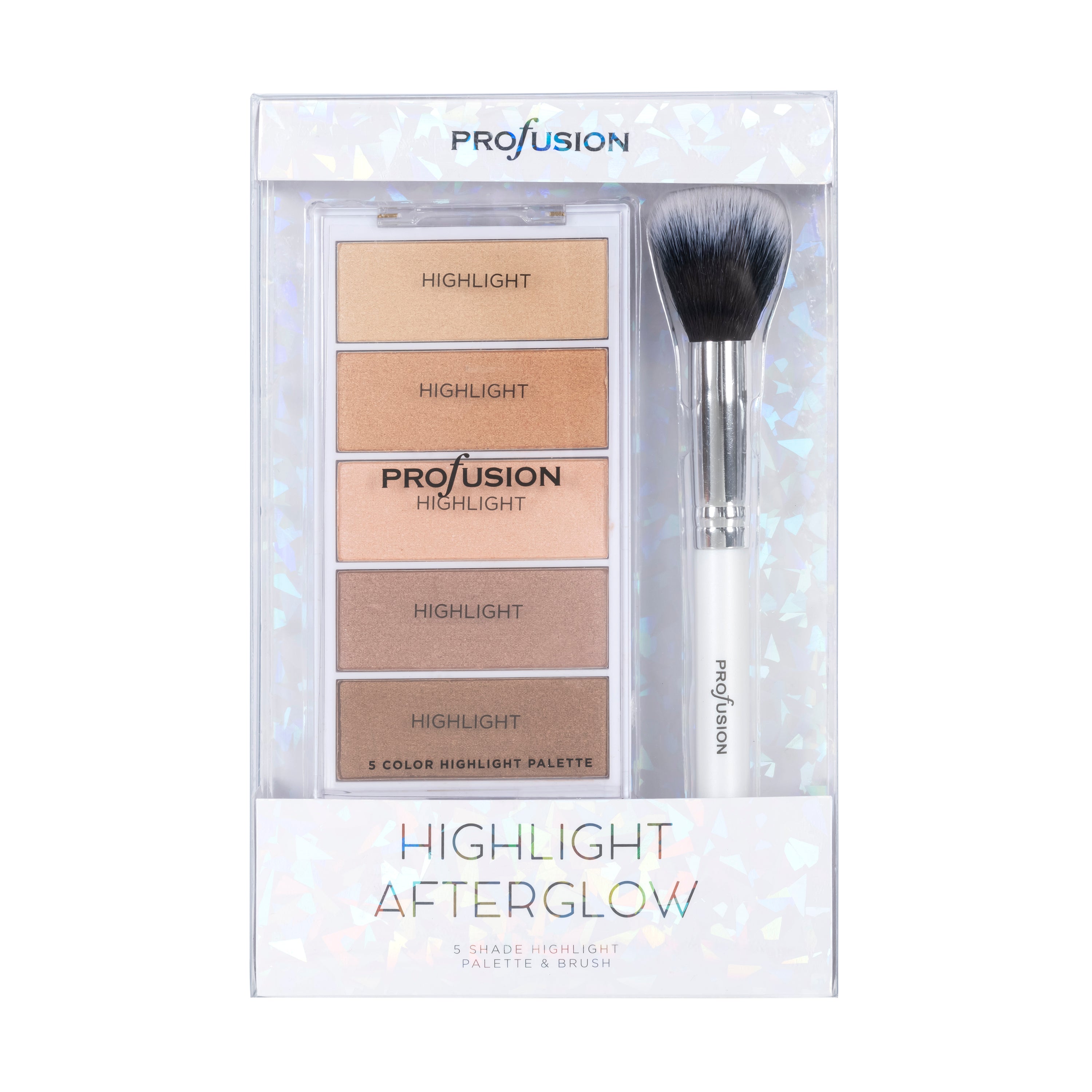 Profusion Cosmetics White Crystals Highlight Palette with four shimmering face highlighters, showcasing their iridescent, luminous finish.