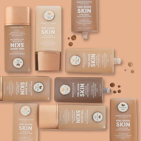 Profusion Cosmetics Feel Good Skin Hydrating Skin Perfector applied on fair face, showcasing a smooth, glowing complexion.