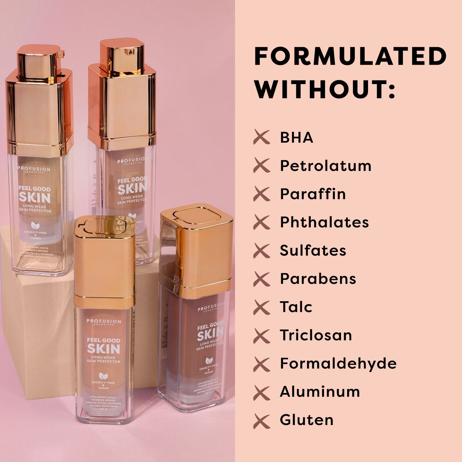 Profusion Cosmetics Feel Good Skin Long Wear Skin Perfector face product in fair shade with smooth, natural finish.