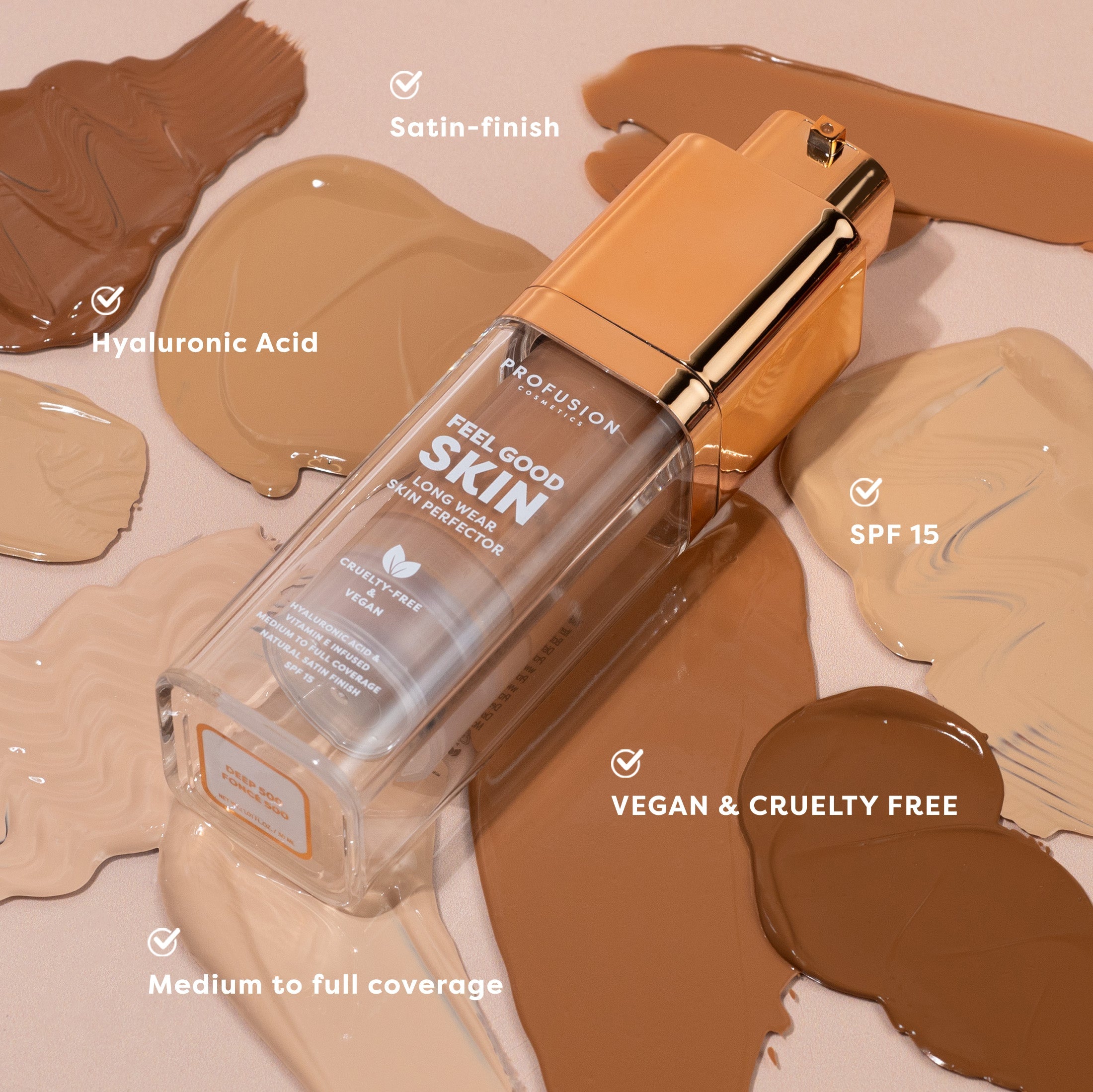 Profusion Cosmetics Feel Good Skin Long Wear Skin Perfector face product in fair shade, smooth finish visible on model's skin.