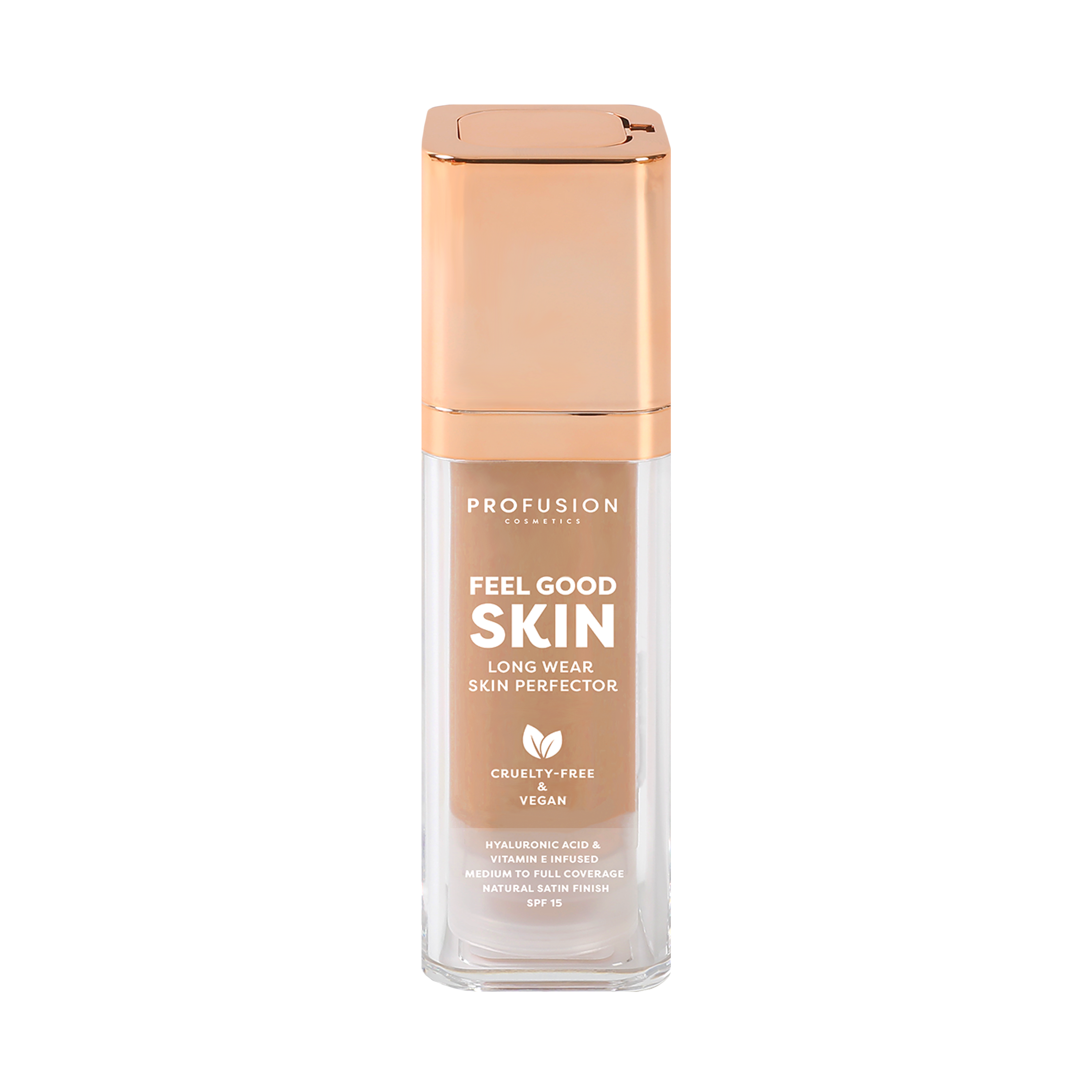 Profusion Cosmetics Feel Good Skin Long Wear Skin Perfector face product in fair shade showing smooth application and natural glow.
