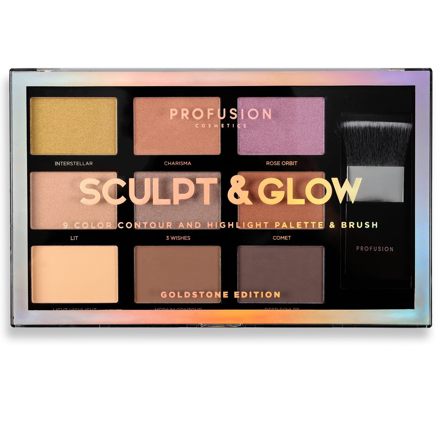 Profusion Cosmetics Sculpt & Glow face highlighter with goldstone shimmer, highlighting cheekbones and facial contours.