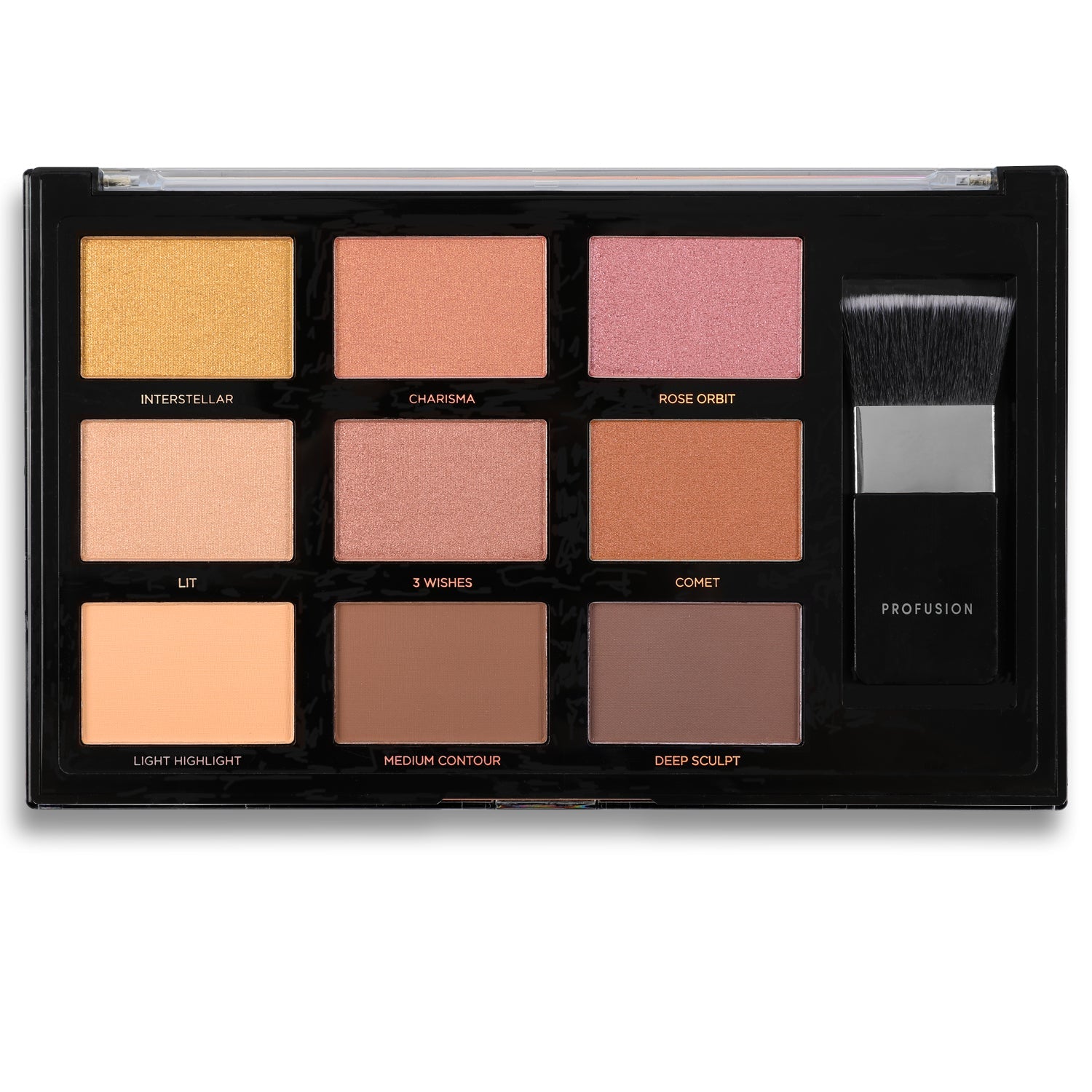Profusion Cosmetics Sculpt & Glow face highlighter with goldstone for luminous skin and contouring.