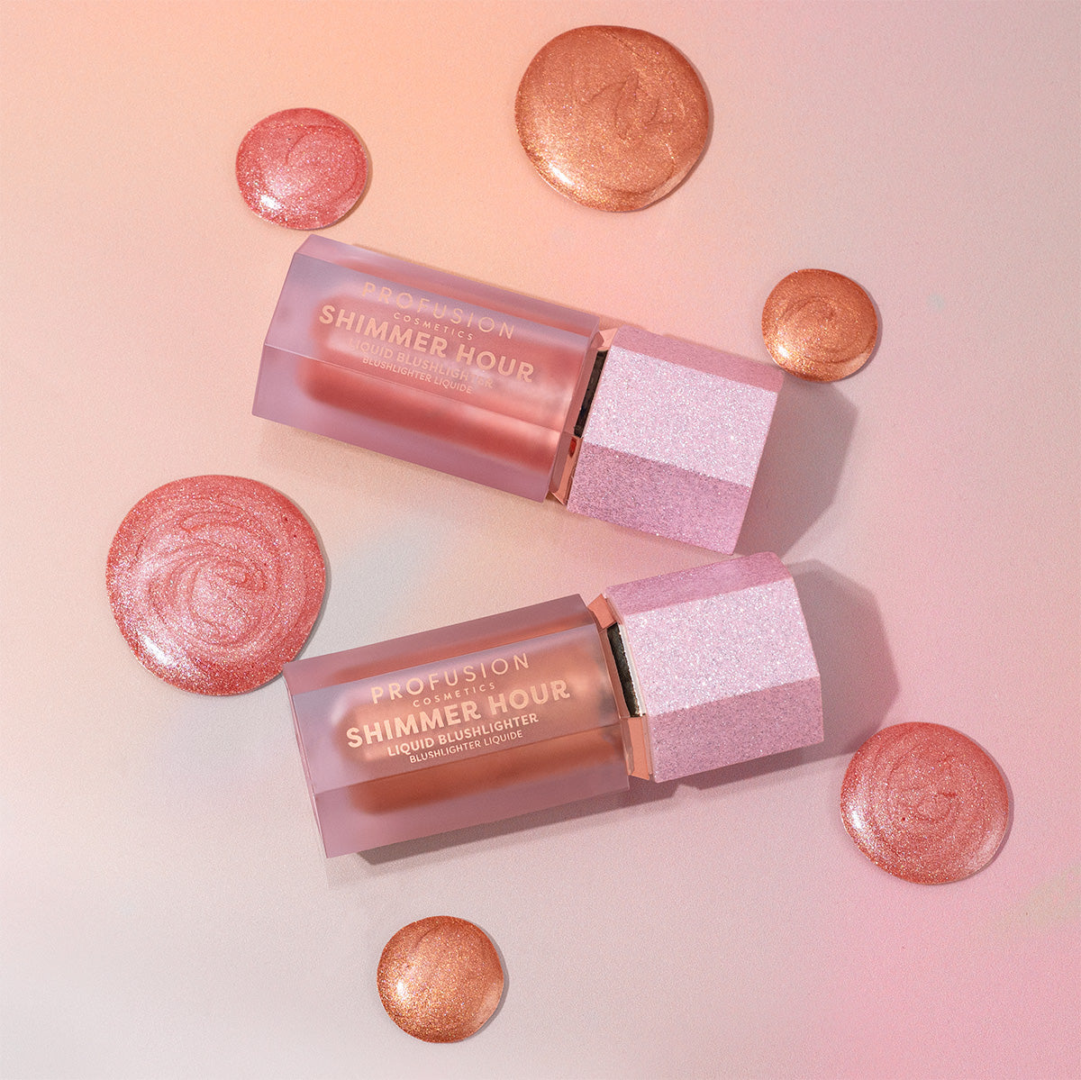 Profusion Cosmetics Shimmer Hour liquid blush and highlighter on face, peach-mimosa shade, showcasing radiant, luminous skin.