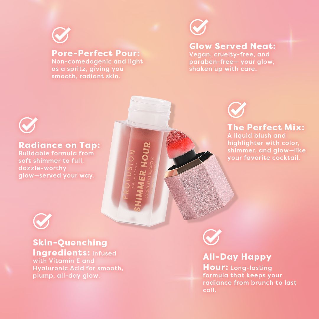 Profusion Cosmetics Shimmer Hour Liquid Blushlighter on face with peach and mimosa shades, highlighting a glowing, dewy complexion.
