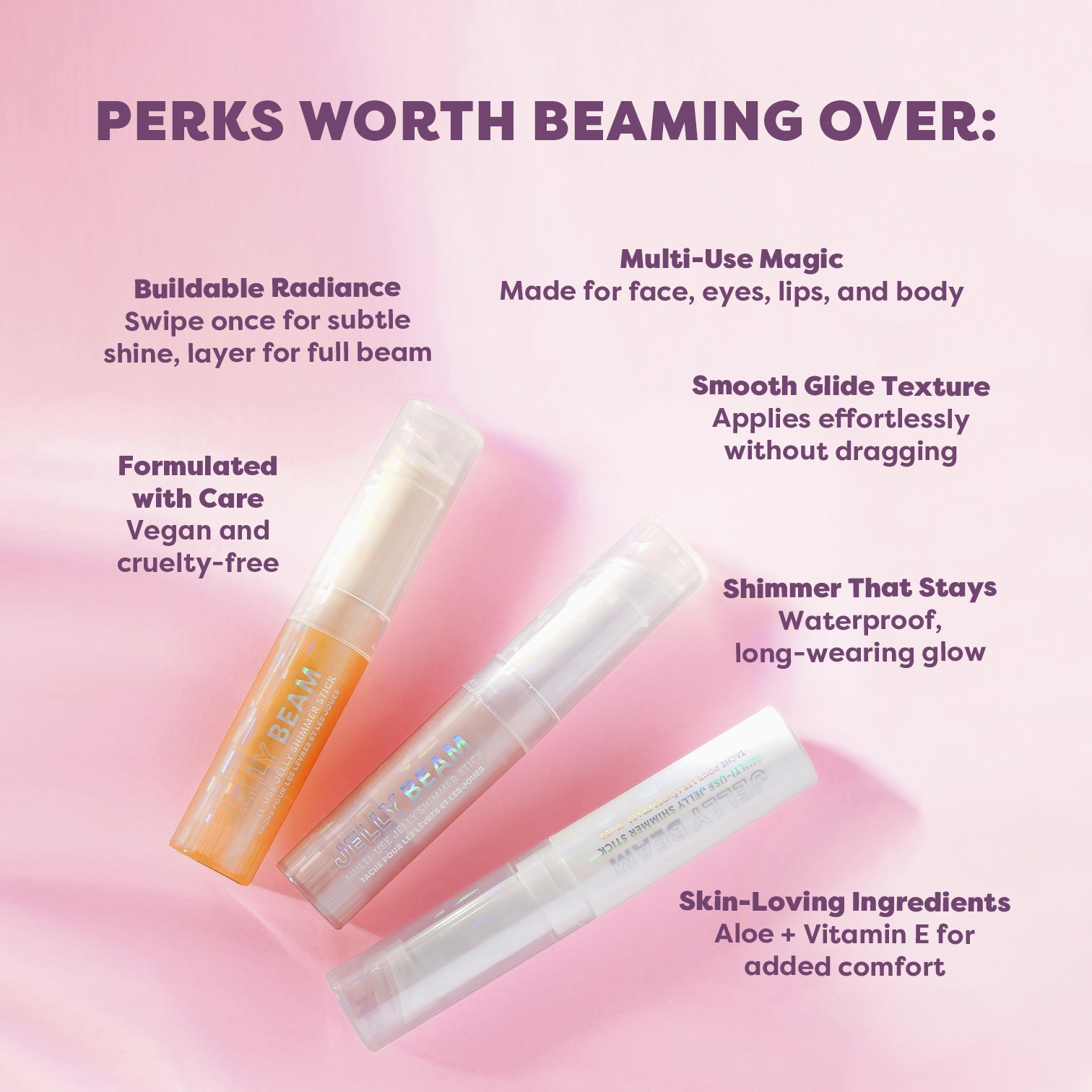 Profusion Cosmetics Jelly Beam Jelly Shimmer Stick for face, featuring a shiny, iridescent glow on a sleek silver stick.