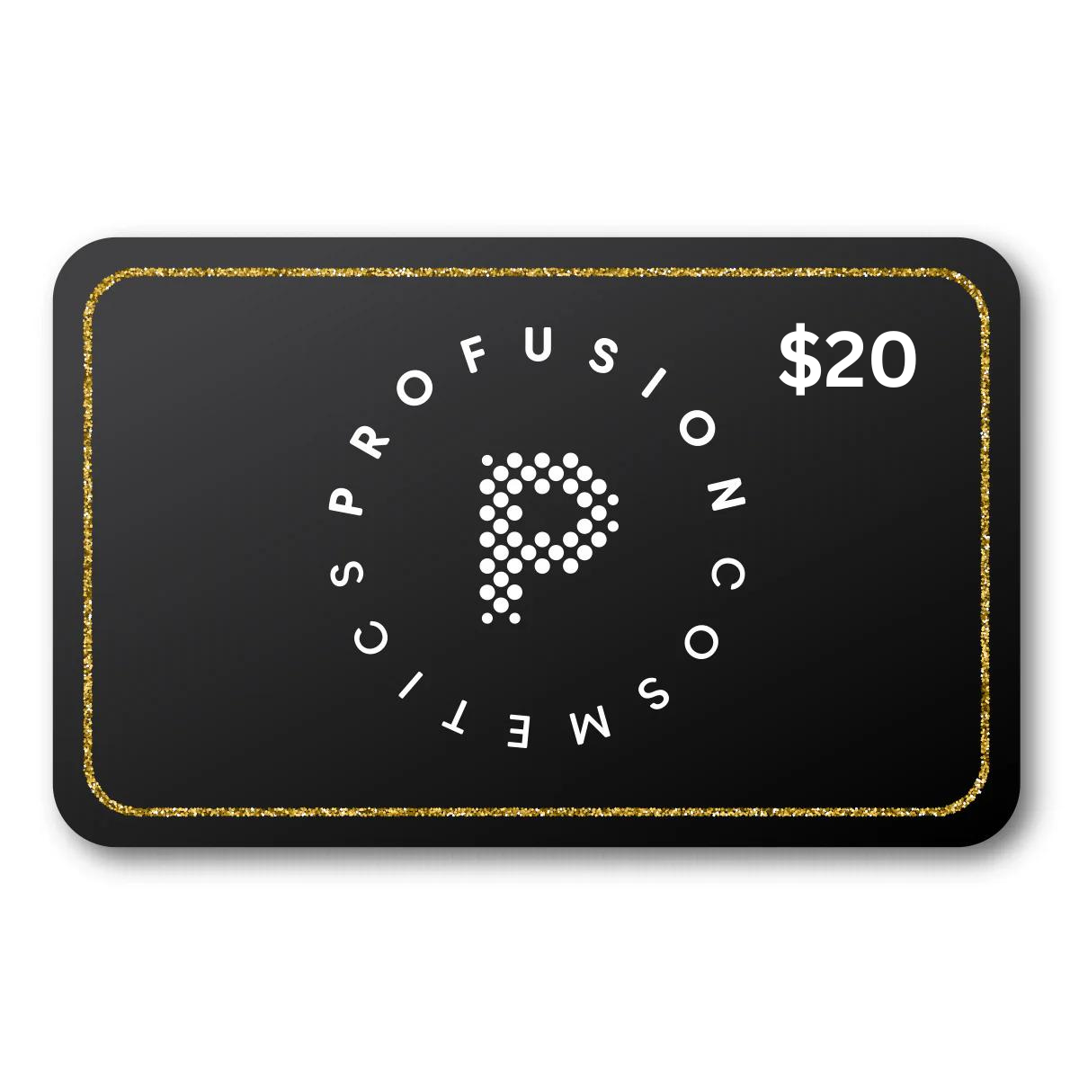 Profusion Cosmetics gift card with a $5 USD value, featuring colorful branding and a sleek design for beauty product gifting.
