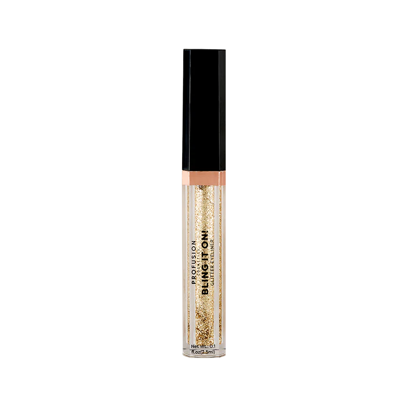 Profusion Cosmetics Bling it On Glitter Eyeliner in Gold Rush, featuring a sleek applicator and shimmering gold glitter formula.
