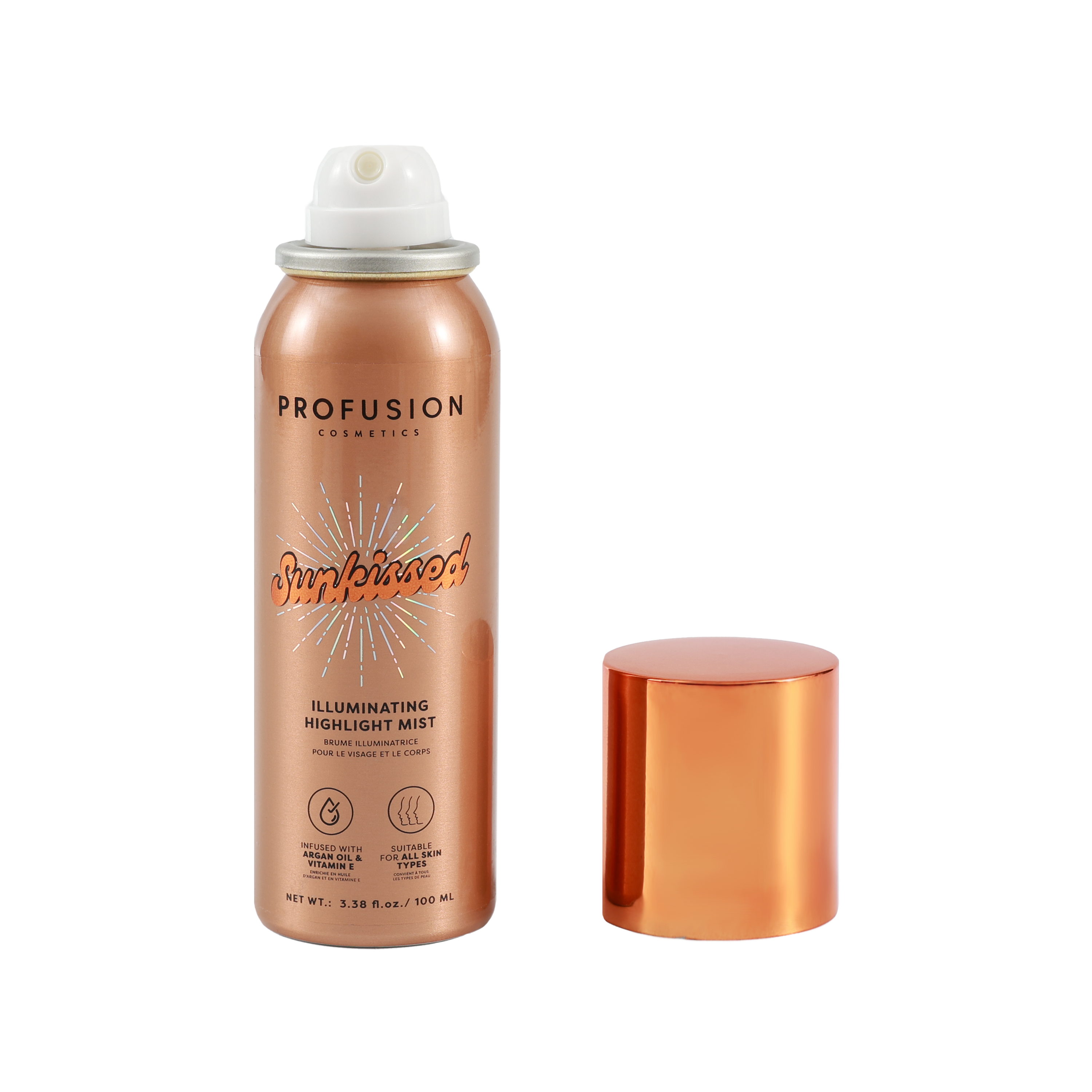 Profusion Cosmetics West Coast Glow Sunkissed Illuminating Highlight Mist in a spray bottle, glowing with a radiant finish.