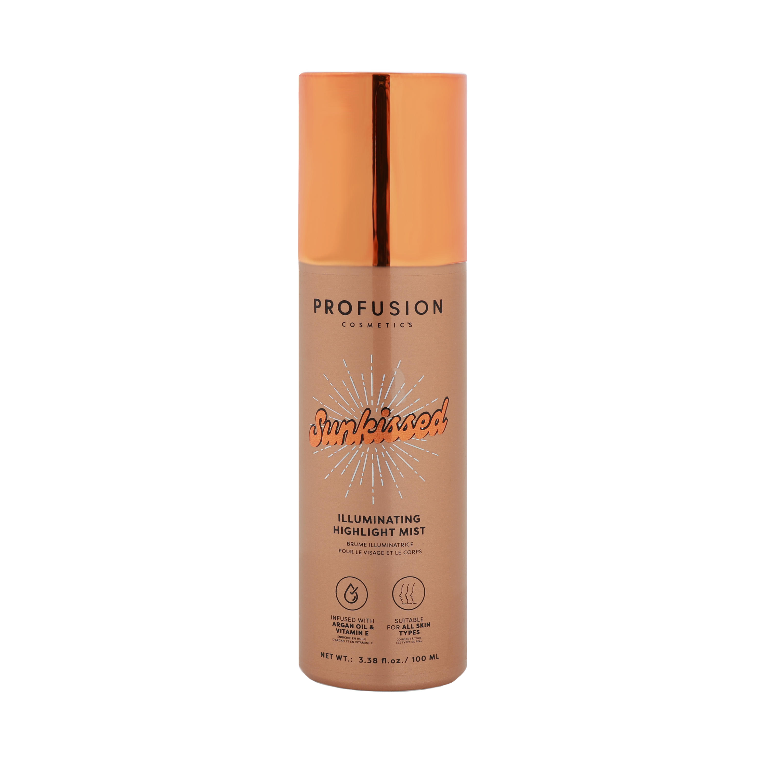 Profusion Cosmetics West Coast Glow Sunkissed Illuminating Highlight Mist in a sleek bottle, showcasing its radiant finish and packaging.