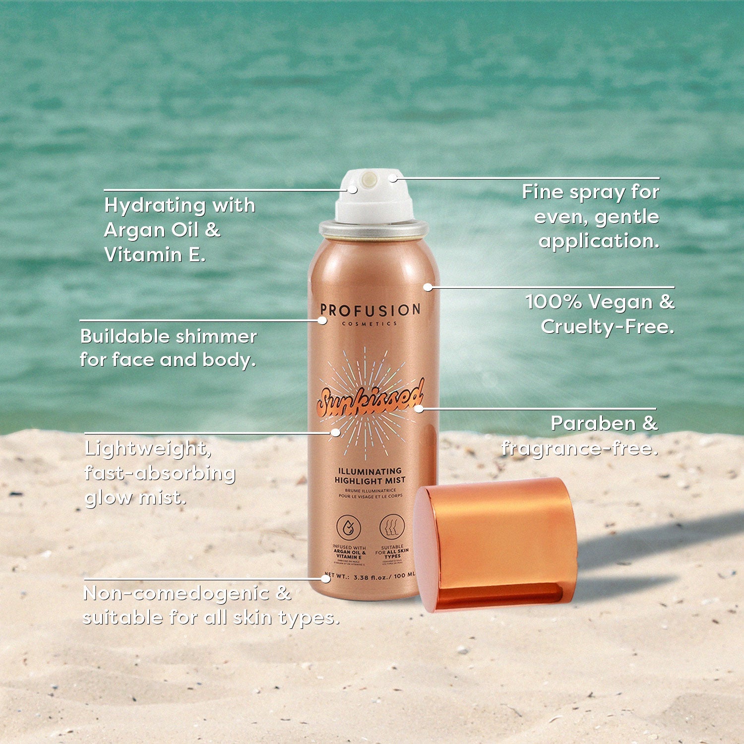 Profusion Cosmetics West Coast Glow Sunkissed Illuminating Highlight Mist in a sleek spray bottle, glowing with a radiant finish.