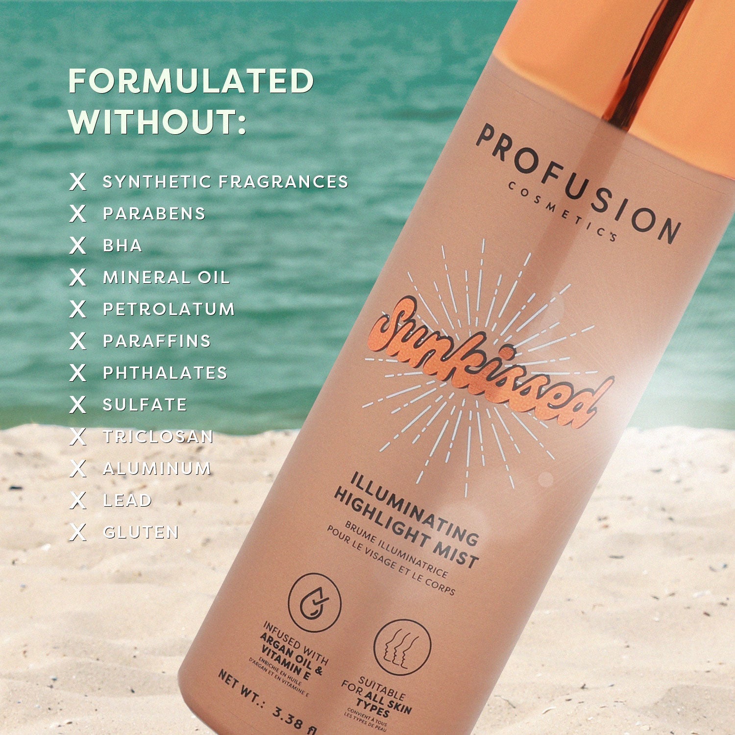 Profusion Cosmetics West Coast Glow Sunkissed Illuminating Highlight Mist, a radiant highlighter spray with a luminous finish.
