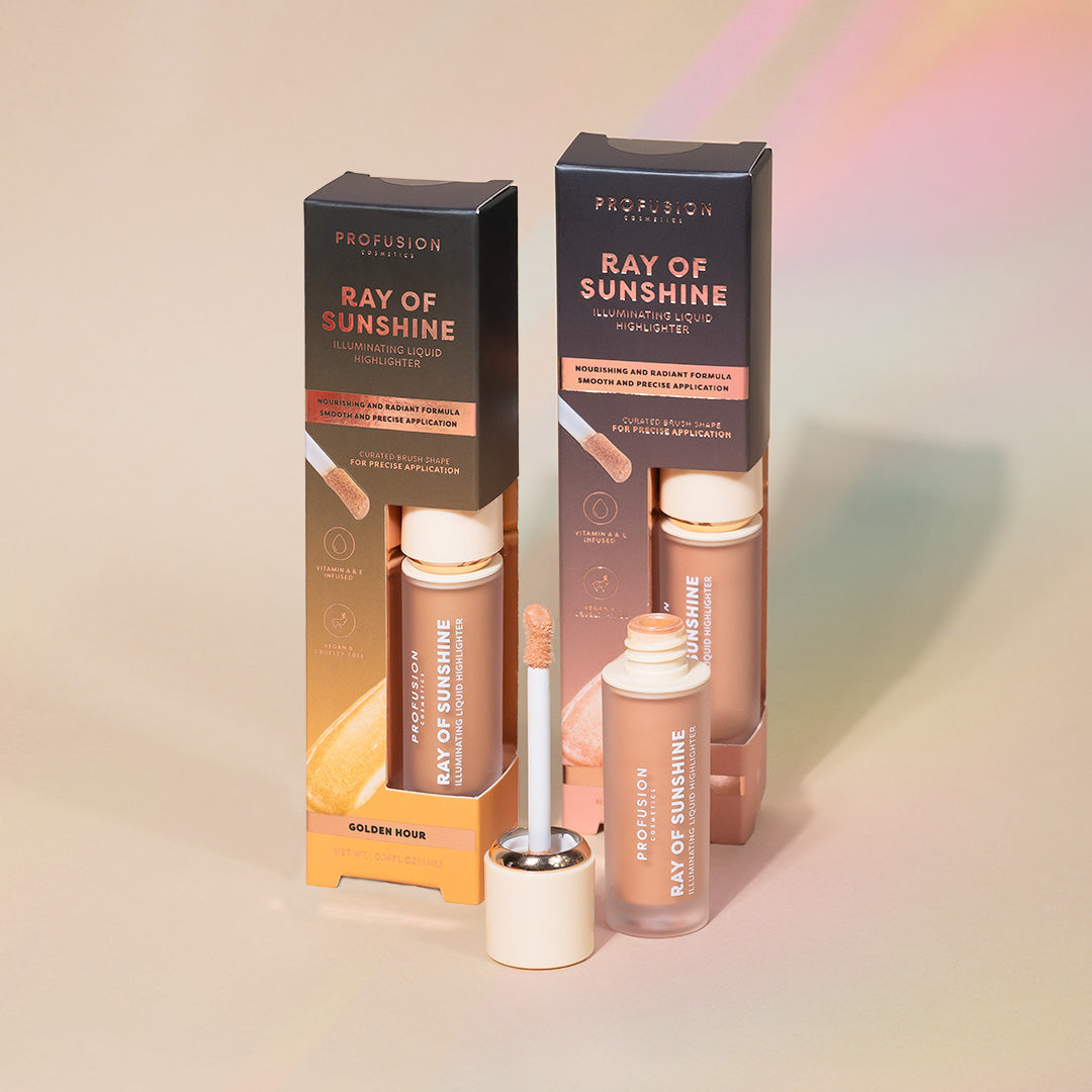 Profusion Cosmetics Ray of Sunshine Liquid Highlighter showing a shimmering, golden liquid highlighter in a clear bottle.