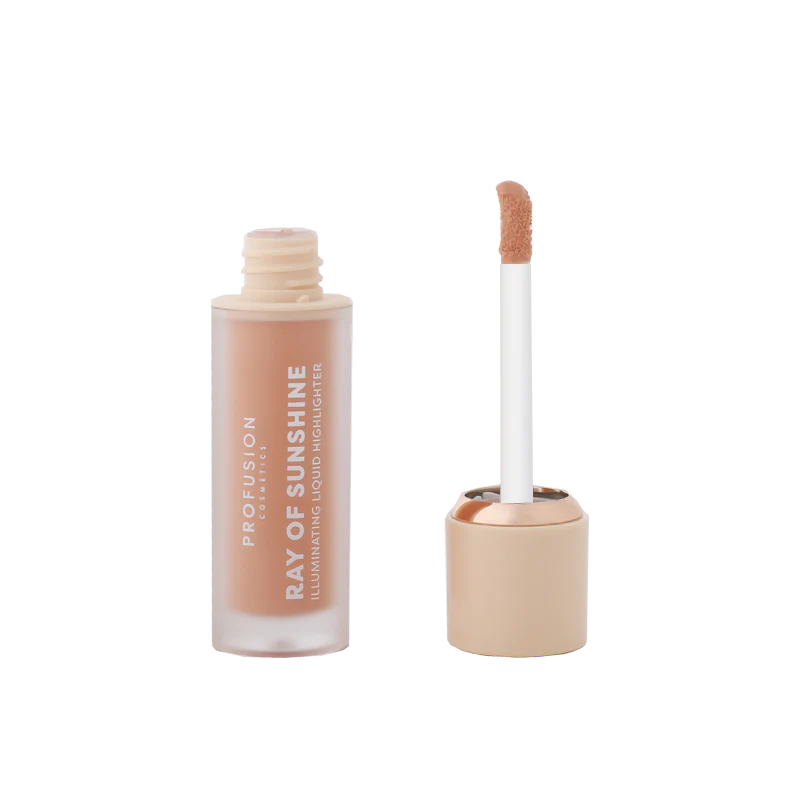 Profusion Cosmetics Ray of Sunshine Liquid Highlighter with a luminous, golden glow in a sleek highlighter bottle.