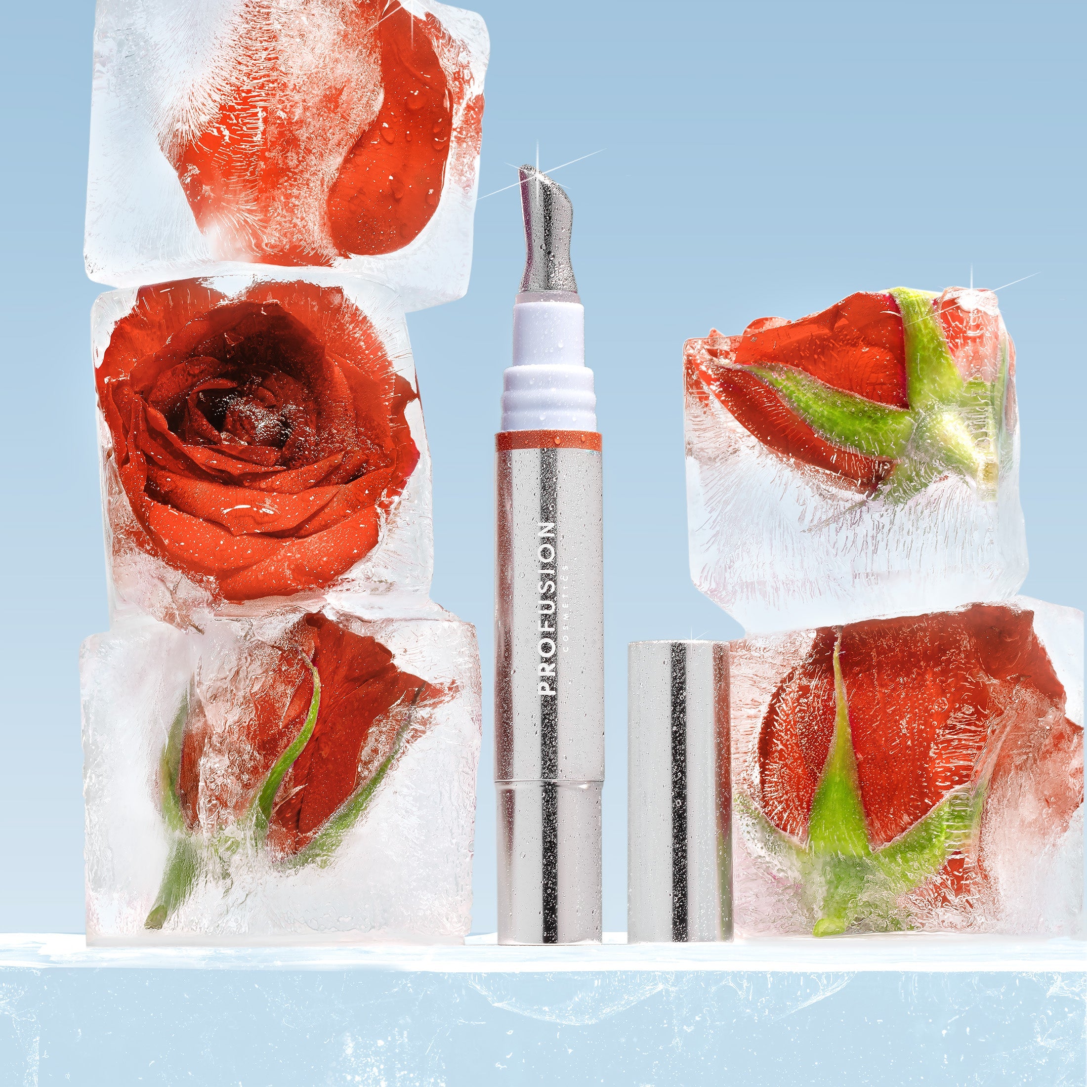 Profusion Cosmetics Frosted Kiss Cooling Plumping Lip Gloss with icy nude finish and frosted packaging.