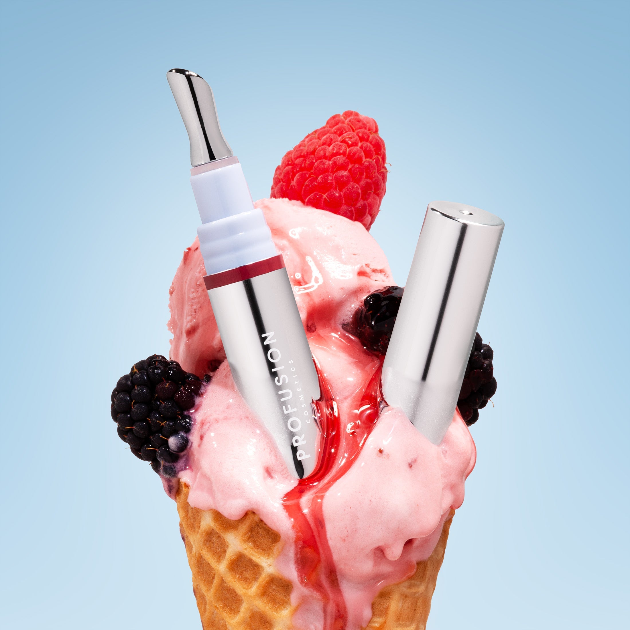 Profusion Cosmetics Frosted Kiss Cooling Plumping Lip Gloss in icy nude shade, shiny and smooth with a frosted finish.