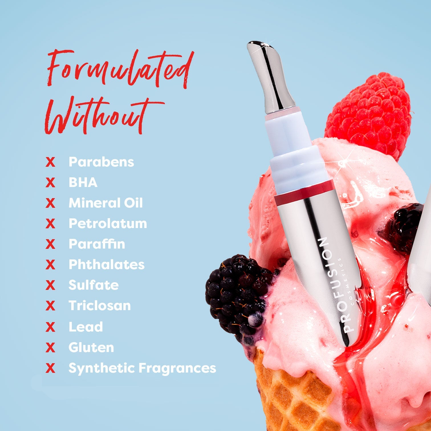 Profusion Cosmetics Frosted Kiss Cooling Plumping Lip Gloss in icy nude shade, featuring a frosted finish and smooth applicator.