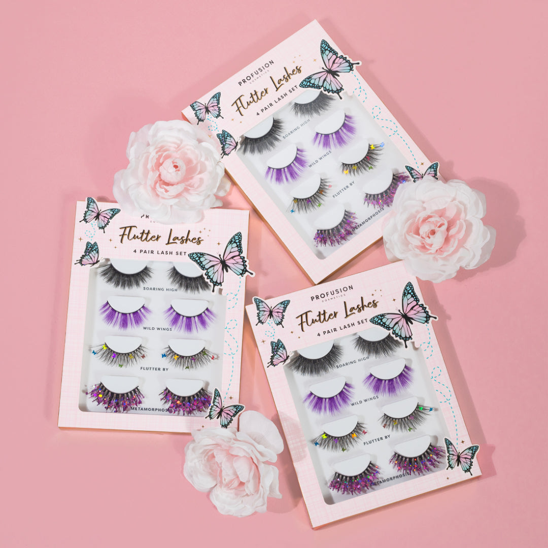 Set of four fluttering butterfly-inspired lashes by Profusion Cosmetics, natural-looking false eyelashes for a bold eye look.