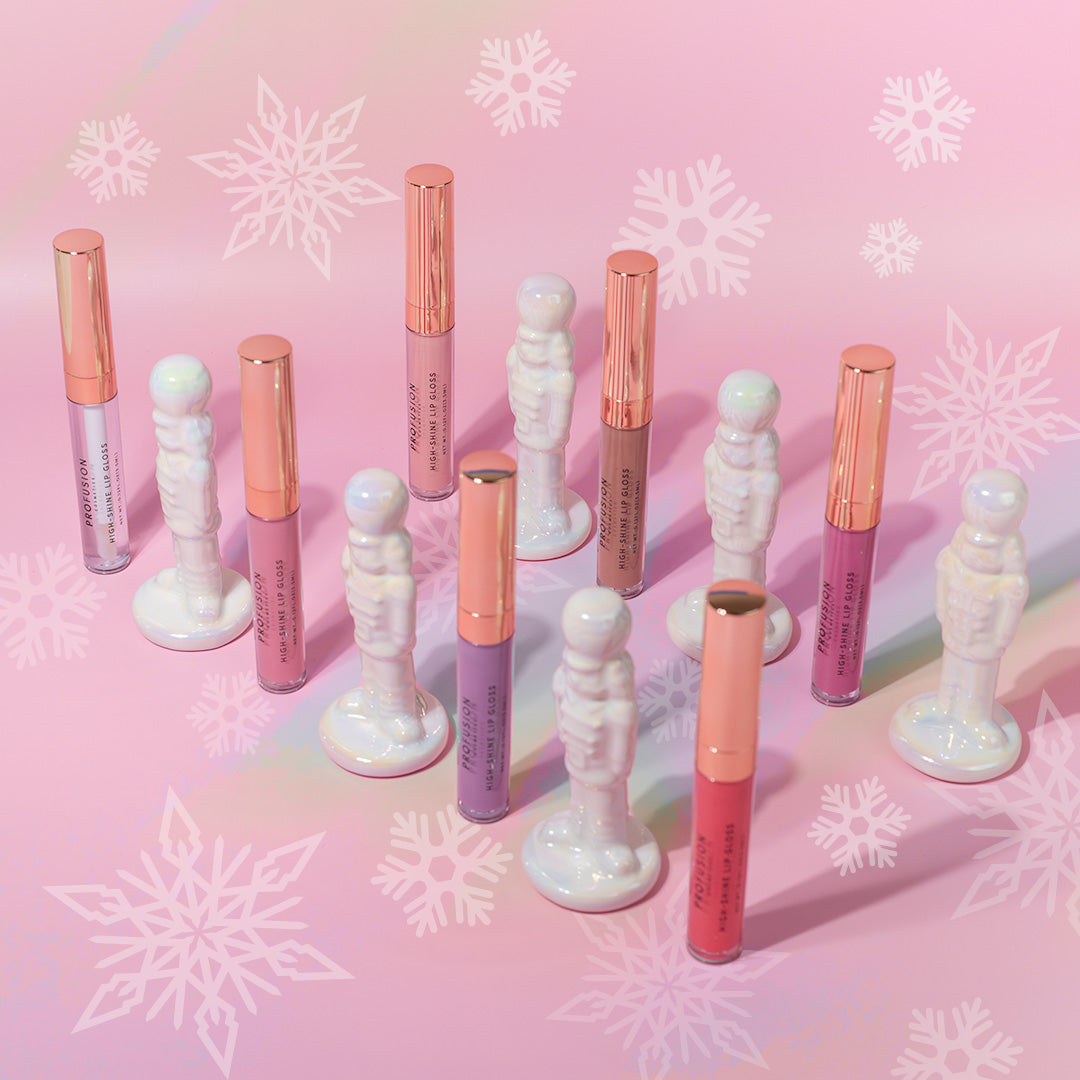 Profusion Cosmetics Frosted Snow Sparkle lip gloss set featuring shimmering, frosted finish lip glosses in various shades.