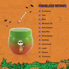 Profusion Cosmetics Peanuts Halloween Apple Bobbing Overnight Lip Mask shown on lips in festive orange and black packaging.