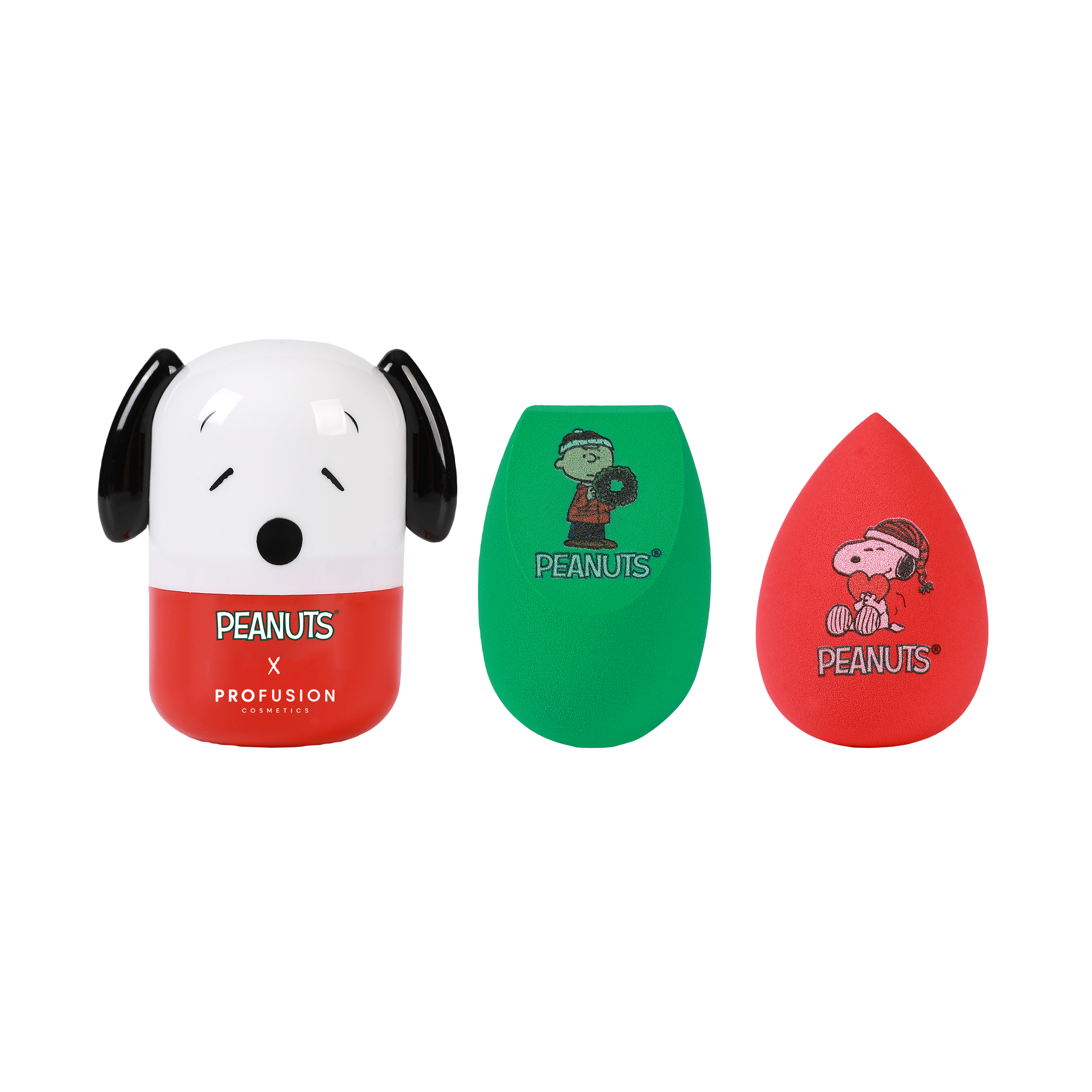 Profusion Cosmetics Peanuts Holiday Let It Blend lip blending sponge and case set with colorful Peanuts holiday design.