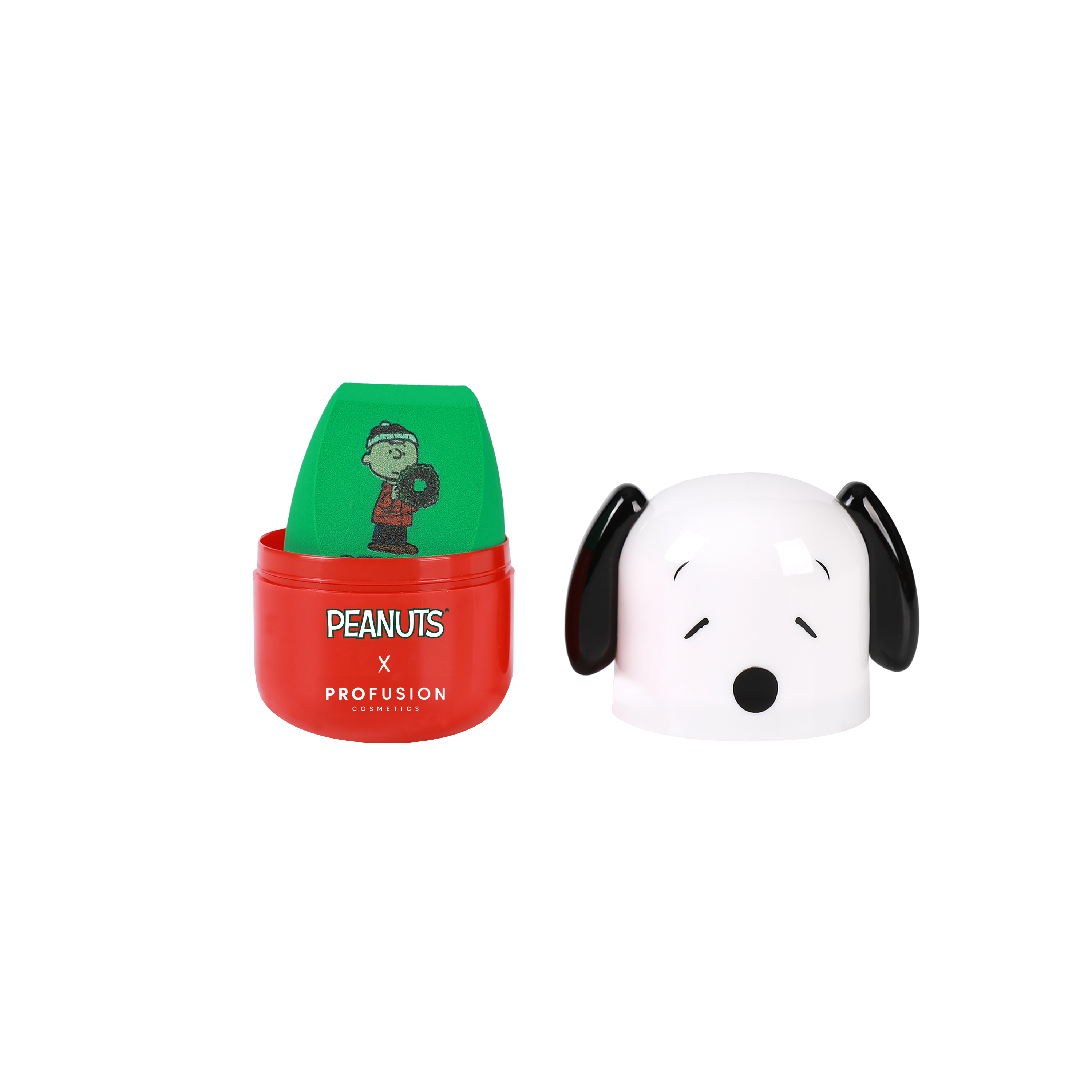 Profusion Cosmetics Peanuts Holiday Let It Blend lip blending sponge and case set on a white background.