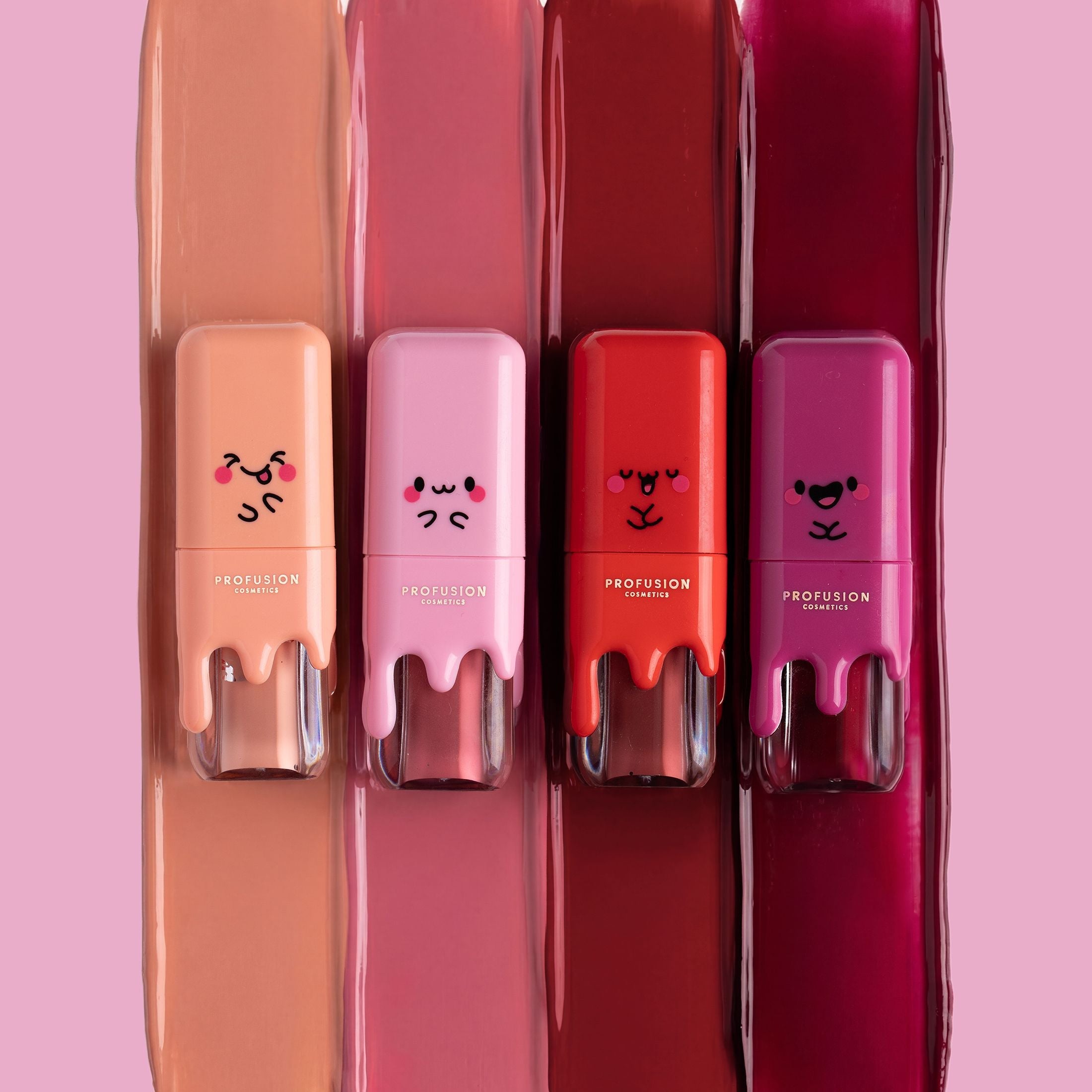 Lip balm tins from Profusion Cosmetics featuring fruity tea flavors like lychee and grapefruit, with colorful, decorative packaging.