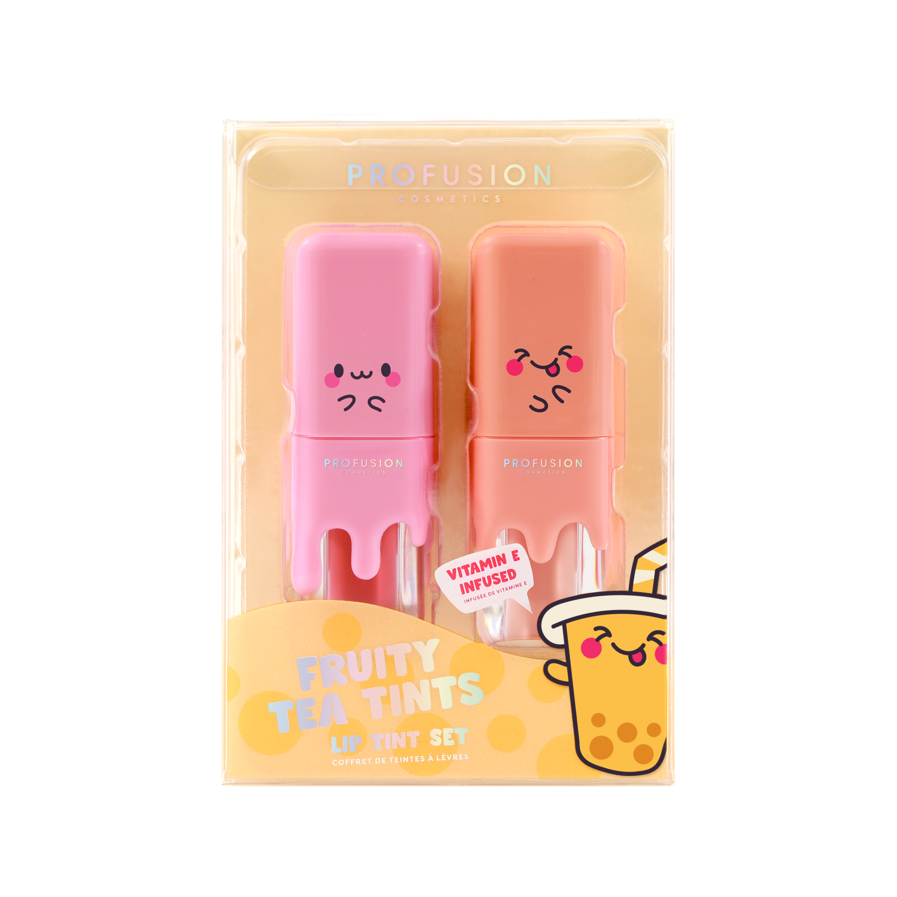 Profusion Cosmetics Lip Tins with fruity tea flavors, featuring lychee and grapefruit design on colorful packaging.