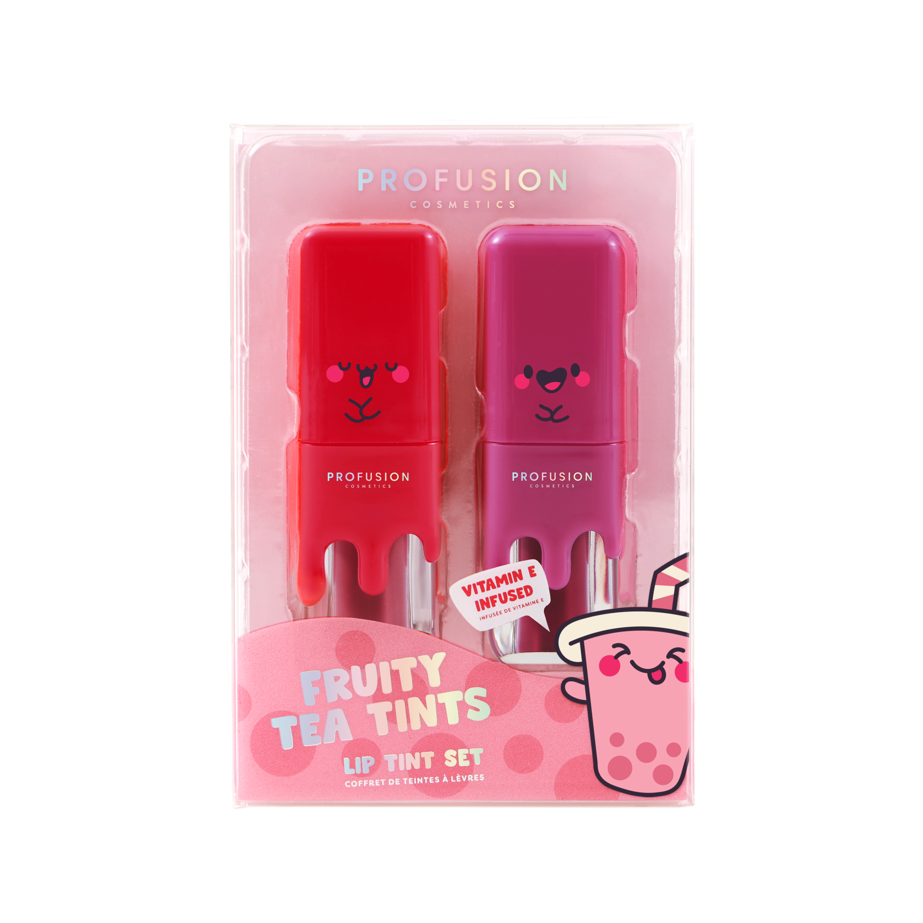 Profusion Cosmetics Lip Fruity Tea Tins with lychee and grapefruit flavors, featuring colorful tins with lipstick containers inside.