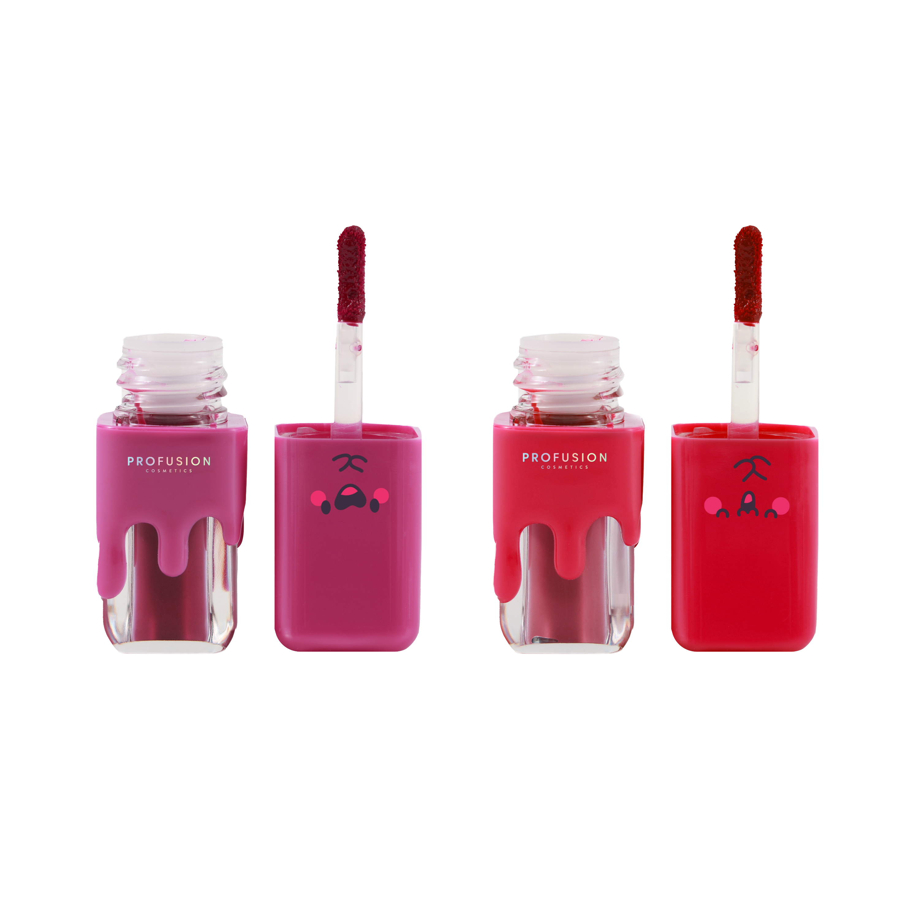 Profusion Cosmetics fruity lip balm tins with lychee and grapefruit flavors, featuring colorful packaging and fruit illustrations.