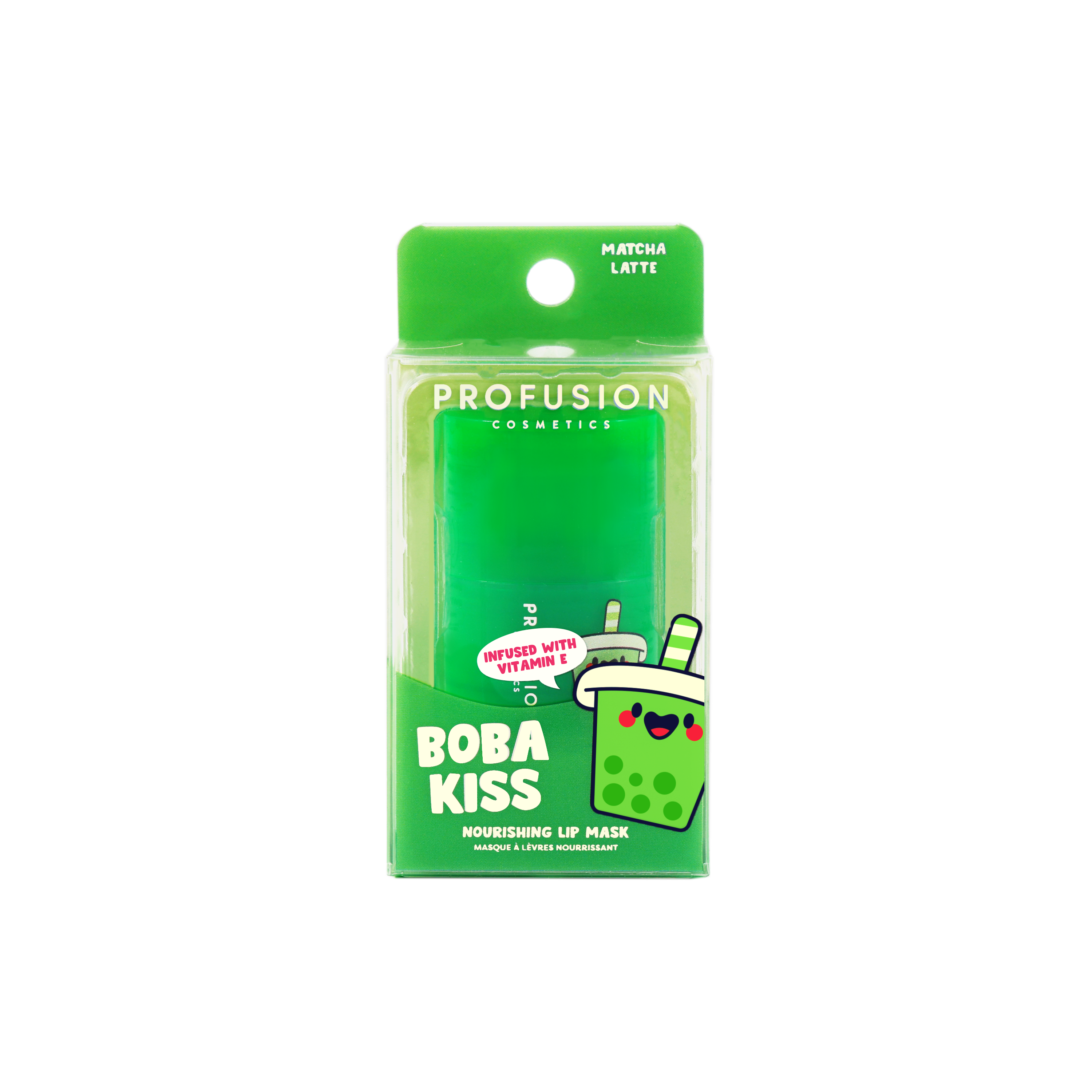Profusion Cosmetics Boba Kiss Lip Mask in matcha latte flavor, showcasing the nourishing lip treatment in a close-up view.