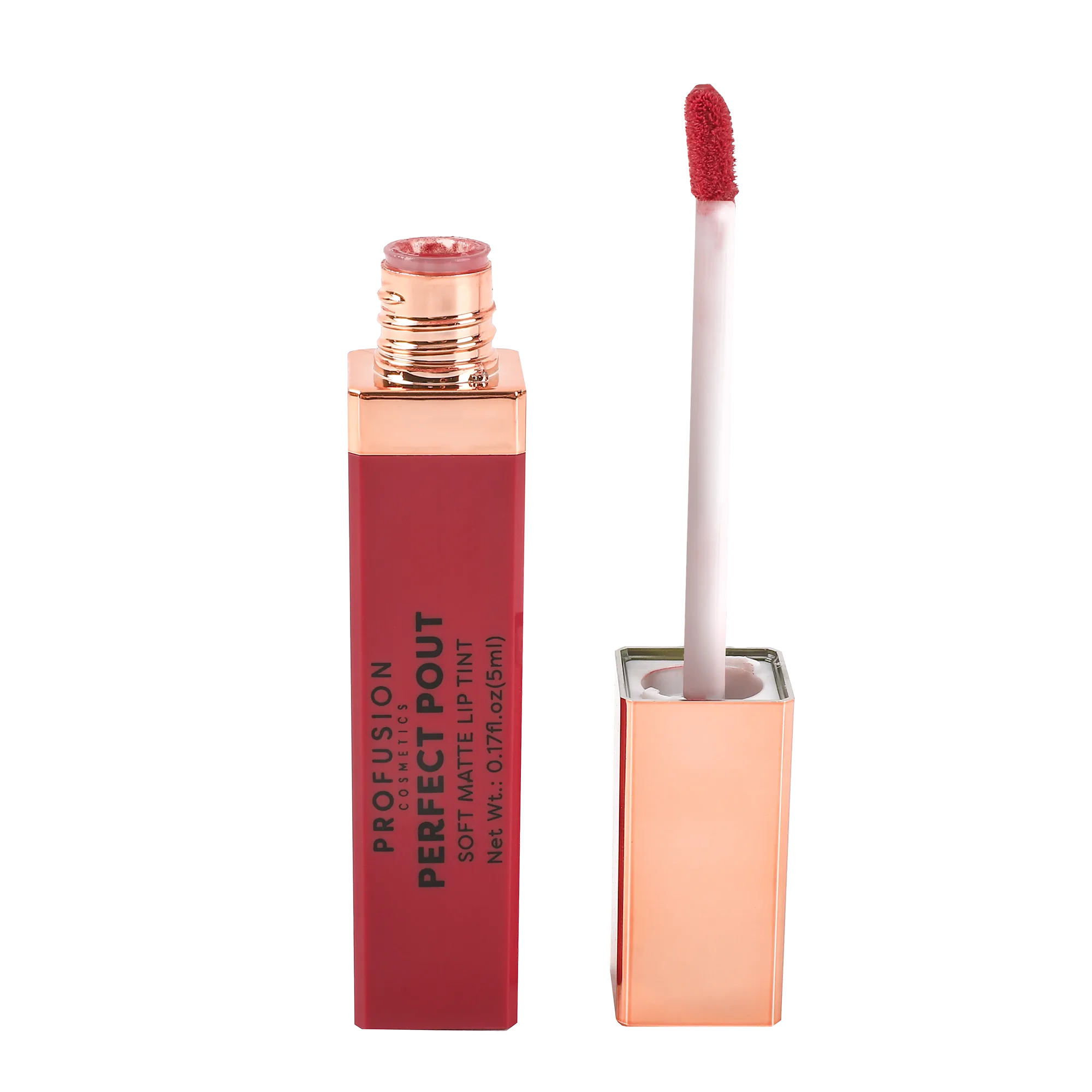 Profusion Cosmetics Perfect Pout Soft Matte Lip Tint applied on lips, showcasing smooth, even finish with a natural pink shade.