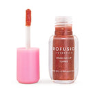 Profusion Cosmetics cinnamon lip syrup applied on lips, enhancing natural shine and color with a smooth, glossy finish.