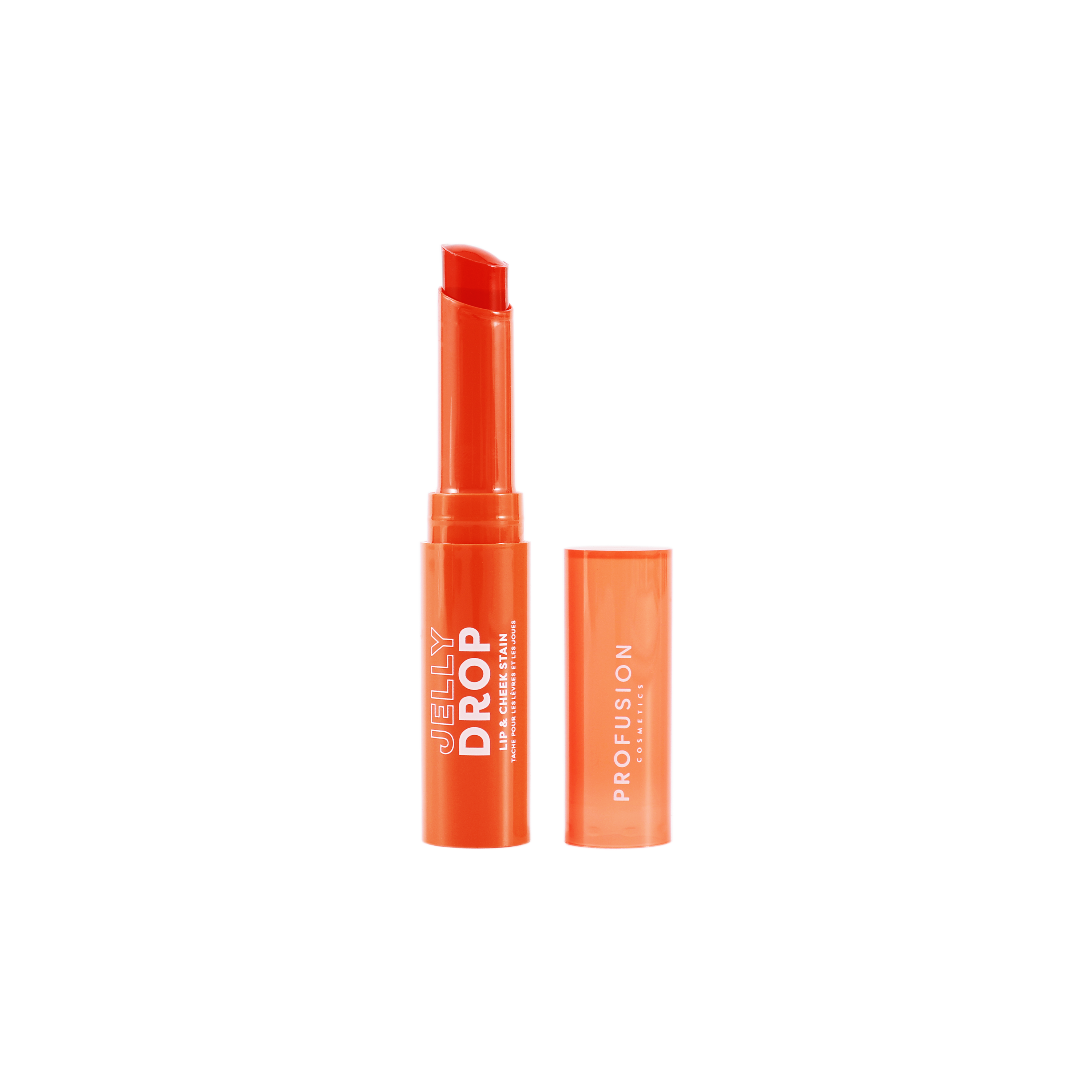 Profusion Cosmetics Jelly Drop Lip and Cheek Stain in Coral Crush, showing a vibrant, glossy lip and cheek tint.
