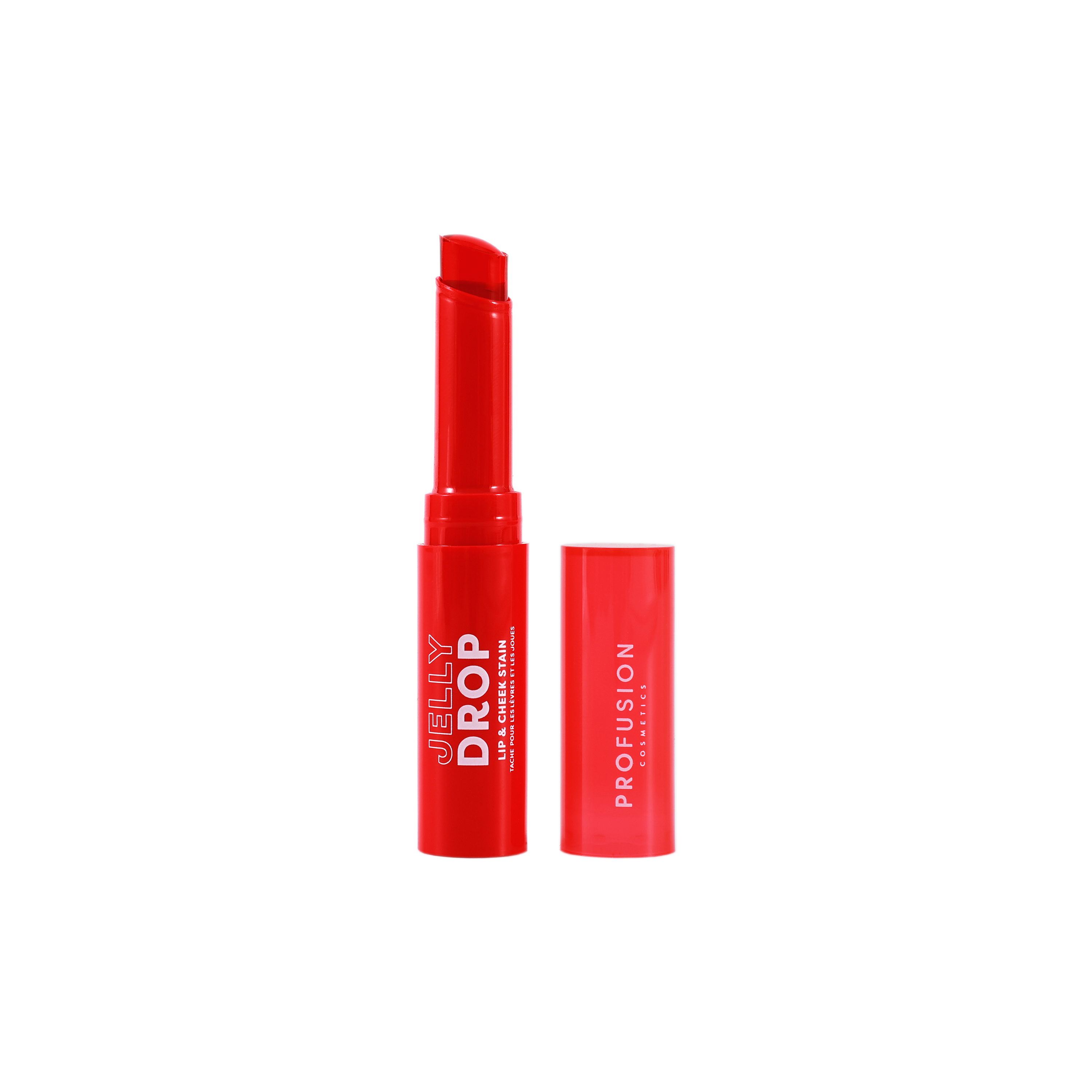 Profusion Cosmetics Jelly Drop Lip and Cheek Stain in Coral Crush, showing the vibrant, glossy stain on lips and cheeks.