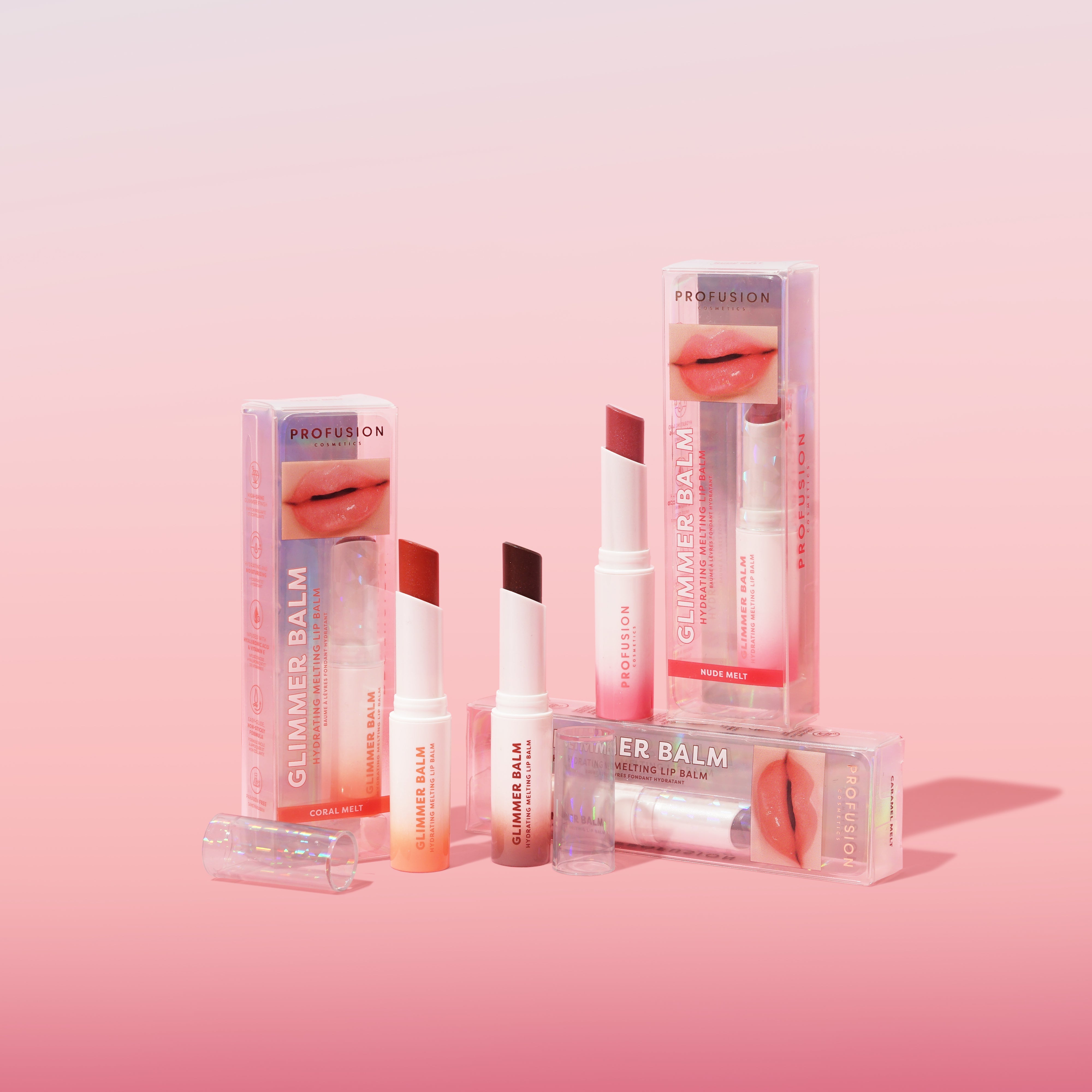 Profusion Cosmetics Glimmer Balm Hydrating Melting Lip Balm in coral shade showing smooth, glossy lips with a hint of shimmer.